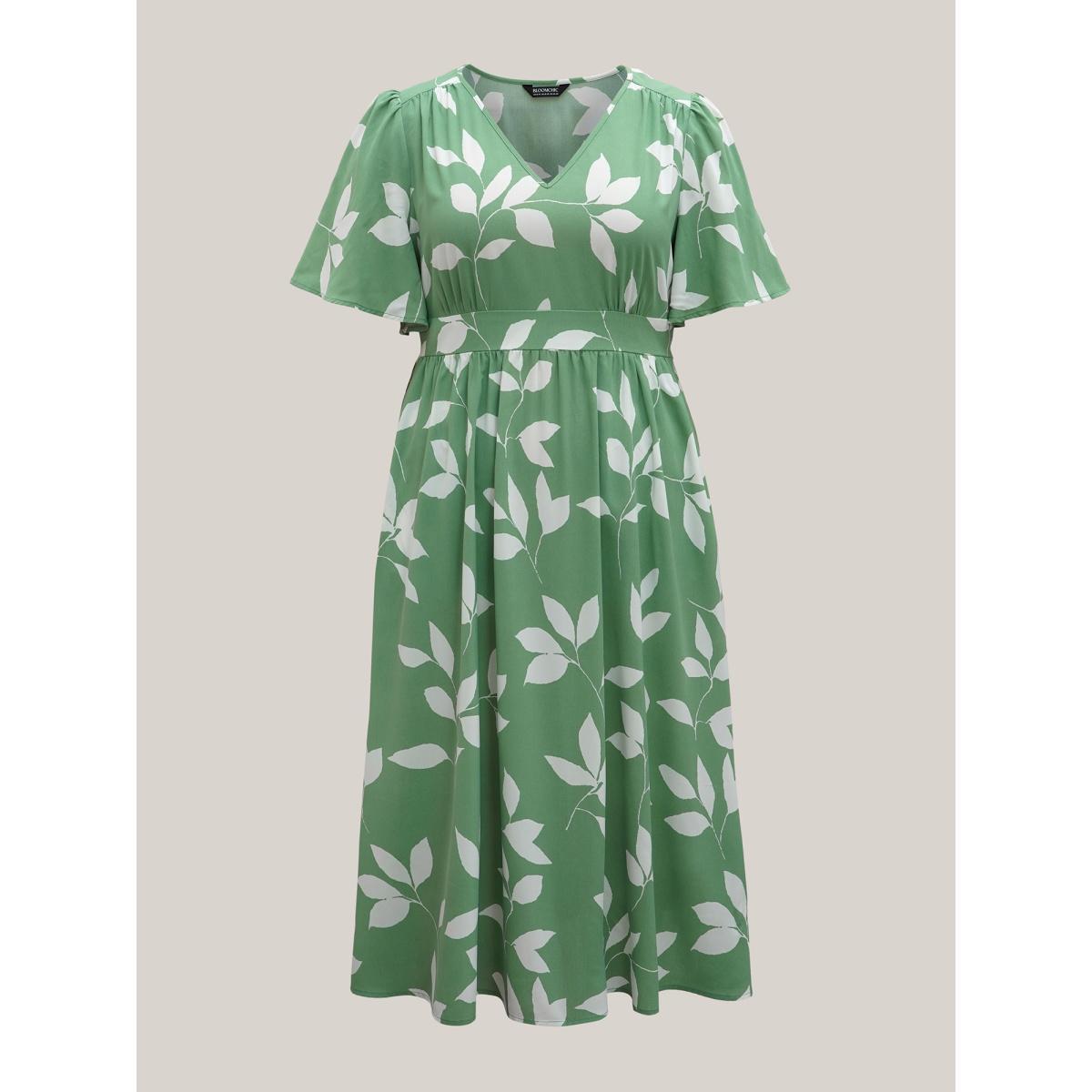 Plus Size Leaf Print Waist-Cinched Flared Maxi Dress Sage Women Elegant Gathered V-neck Half Sleeve Curvy BloomChic 30/6X Product Image