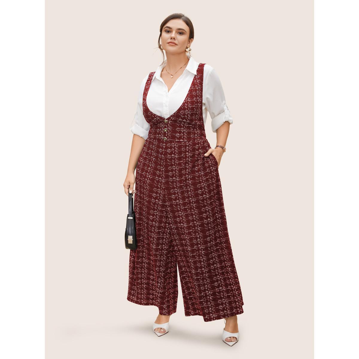 Plus Size Russet Plaid Tweed Crisscross Back Button Detail Jumpsuit Women Work From Home Sleeveless Non Work Loose Jumpsuits BloomChic 28/5X Product Image