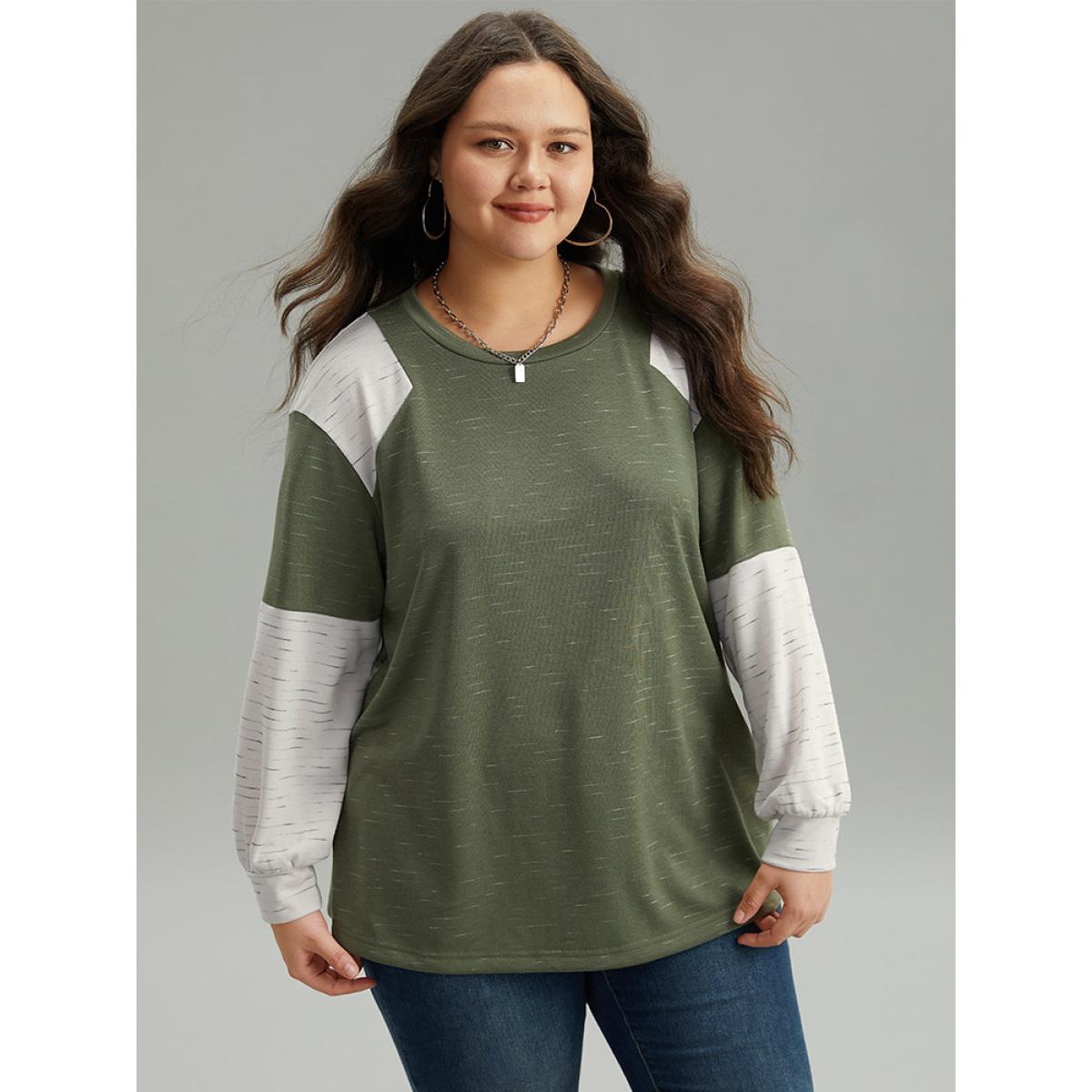 Plus Size Colorblock Patchwork Raglan Sleeve Sweatshirt Women ArmyGreen Casual Contrast Round Neck Everyday Sweatshirts BloomChic 18-20/2X Product Image