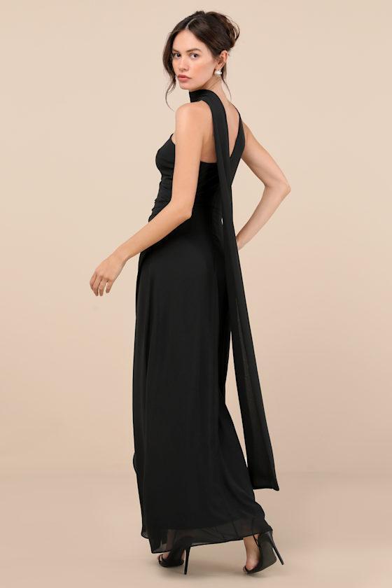 Adeline Black One-Shoulder Scarf Maxi Dress Product Image