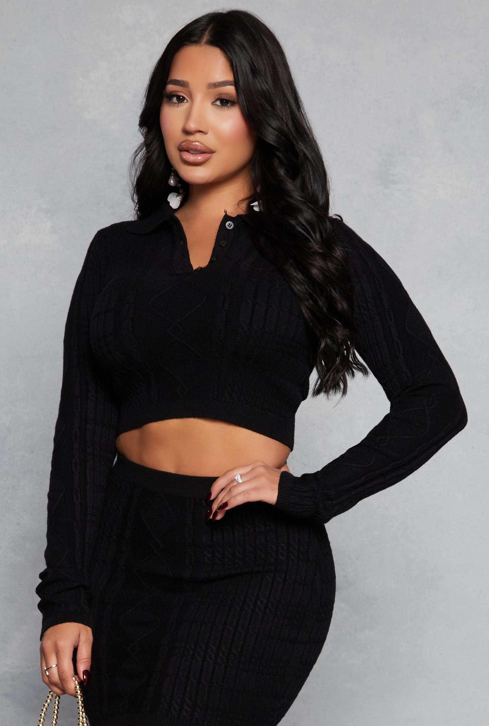 Womens Daisy Cable Knit Cropped Polo Sweater Product Image