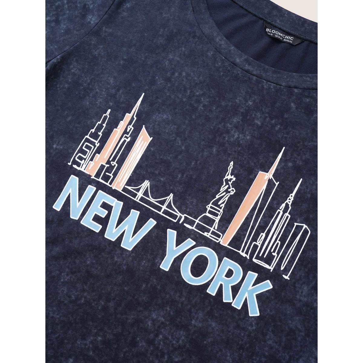 Plus Size Vintage City Print Crew Neck T-shirt Indigo Women Casual Non Area Everyday T-shirts BloomChic 14-16/1X Product Image