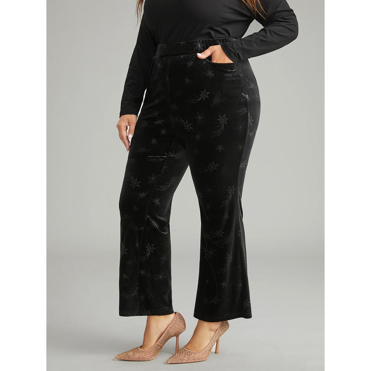 Plus Size Velvet Star Elastic Waist Pants Women Black Glamour Flare Leg High Rise Festival-Halloween Pants BloomChic 18-20/2X Product Image
