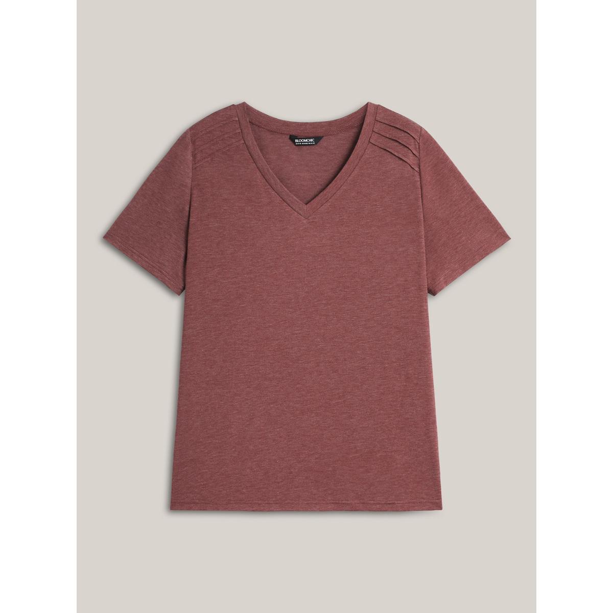 Plus Size Plicated Detail Shoulder Plain T-Shirt Scarlet Women Tucked seam V-neck Everyday-Casual T-shirts BloomChic 12/L Product Image