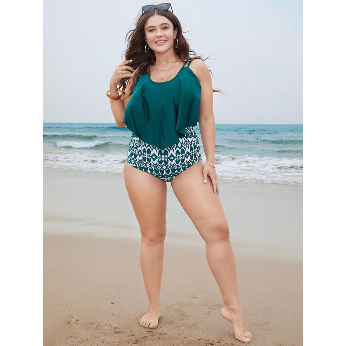 Plus Size Geometric Patchwork Ruffle Trim One Piece Swimsuit Women's Swimwear Teal Vacation Adjustable Straps Curve Bathing Suits High stretch One Pieces BloomChic 22-24/3X Product Image