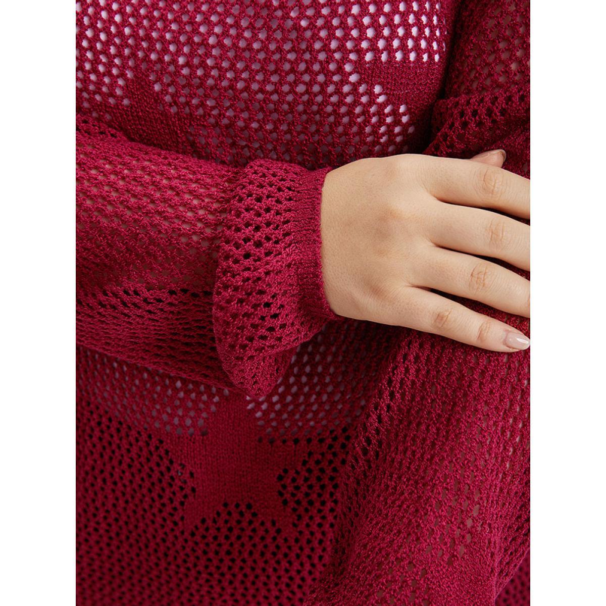 Plus Size Star Pattern Lantern Sleeve Hollow Out Pullover Raspberry Women Casual Long Sleeve Round Neck Everyday Pullovers BloomChic 22-24/3X Product Image