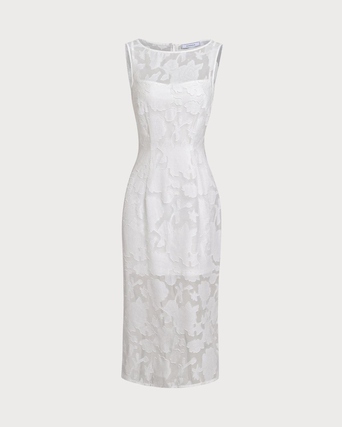 White Lace Boat Neck Midi Dress Product Image