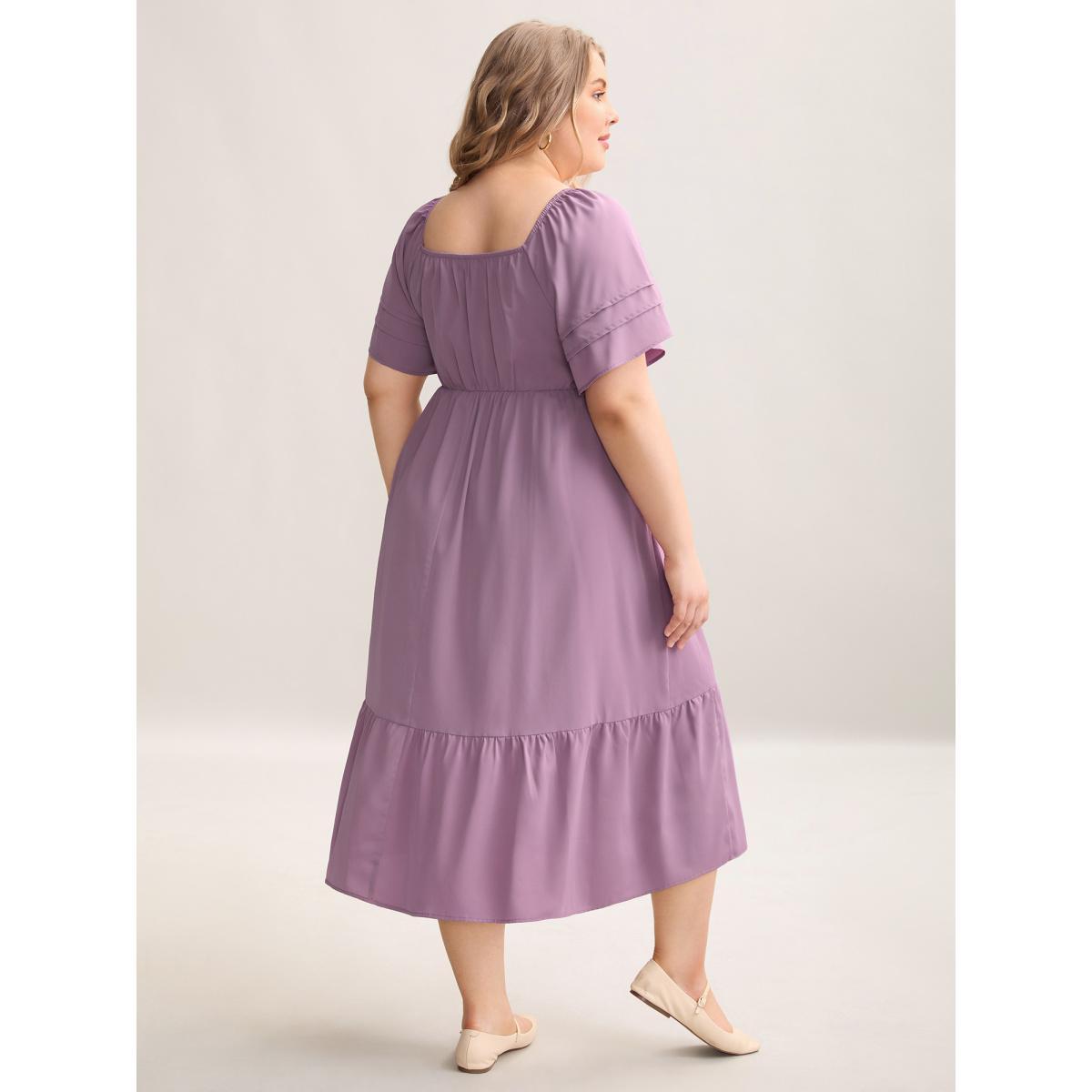 Plus Size Lace Trim Pockets Stretchy Waist Tiered Dress Heather Women Elegant Tucked seam Square Neck Short sleeve Curvy BloomChic 10/M Product Image