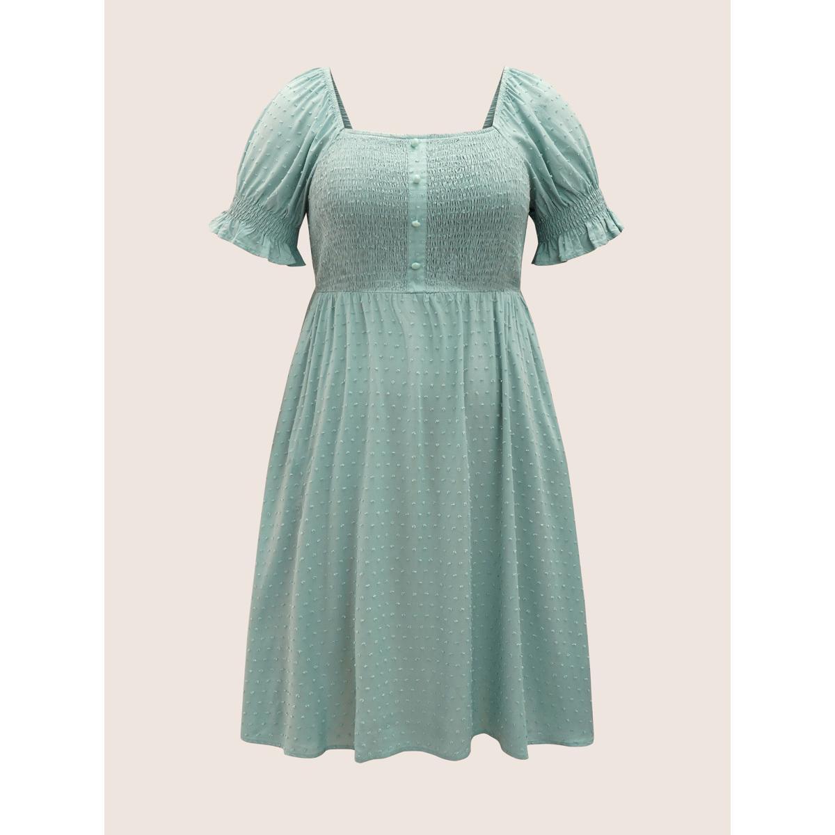 Plus Size Supersoft Essentials Solid Puff Sleeve Shirred Dress Turquoise Women Elegant Texture Square Neck Short sleeve Curvy BloomChic 12/L Product Image