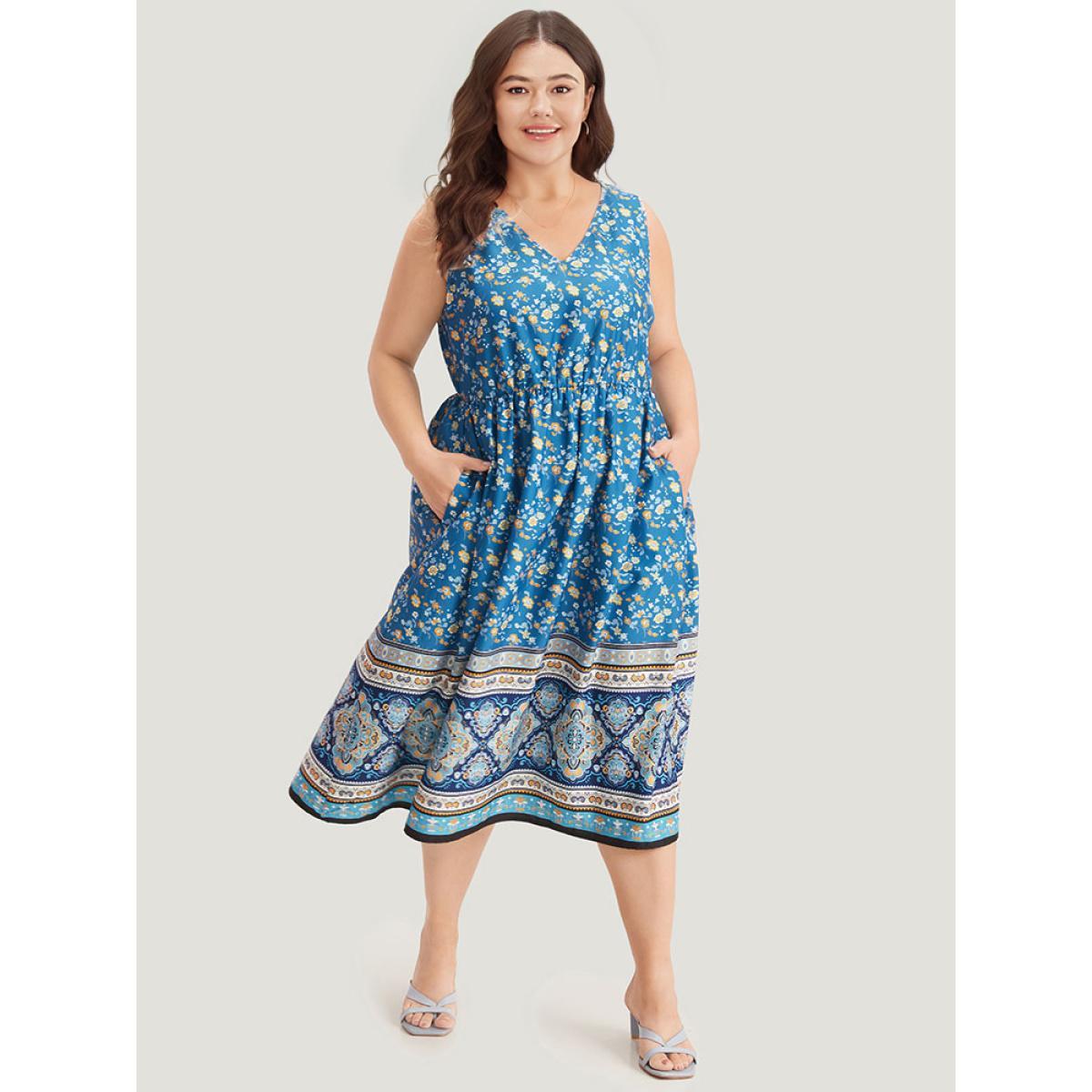 Plus Size Boho Print Ruffles Pocket Sleeveless Dress Blue Women Vacation Printed V-neck Sleeveless Curvy Midi Dress BloomChic 14-16/1X Product Image