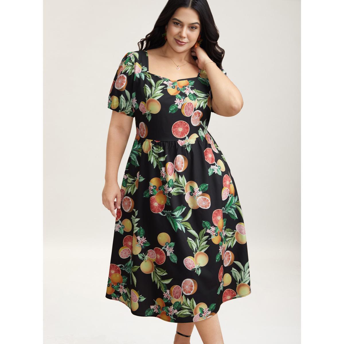 Plus Size Fruits of Spring Puff Sleeve Midi Dress BlackFlower Women Elegant Non Heart neckline Short sleeve Curvy BloomChic 18-20/2X Product Image