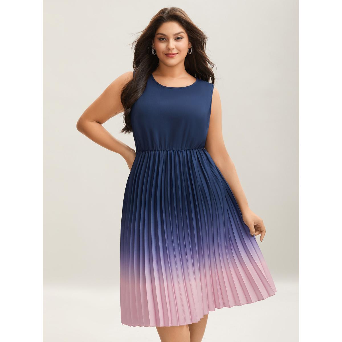 Plus Size Ombre Gradient Pleated Sleeveless Midi Dress Navy Women At the Office Pleated Round Neck Sleeveless Curvy BloomChic 12/L Product Image
