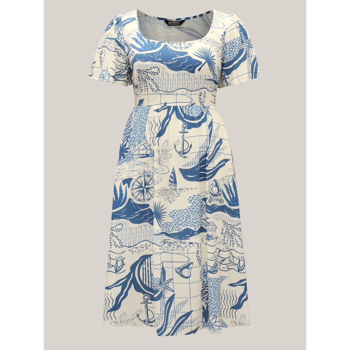 Plus Size Ocean Symphony Print Pockets Midi Dress Mediumblue Women Square Neck Short sleeve Curvy BloomChic 18-20/2X Product Image
