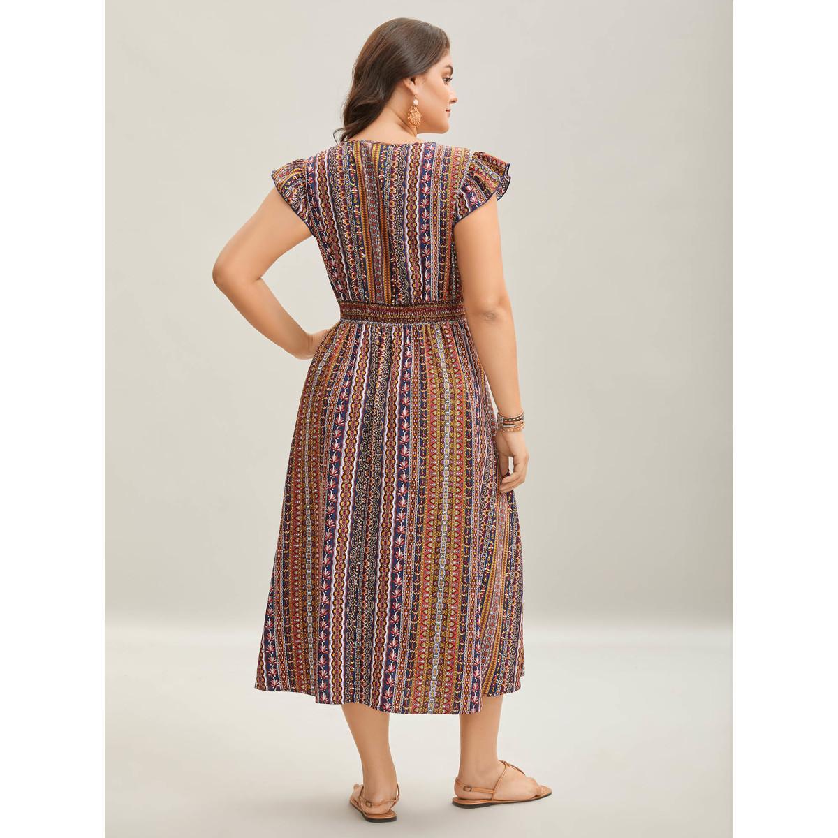 Plus Size Sunny Stripes Pockets Shirred Midi Dress Multicolor Women V-neck Cap Sleeve Curvy BloomChic 26/4X Product Image