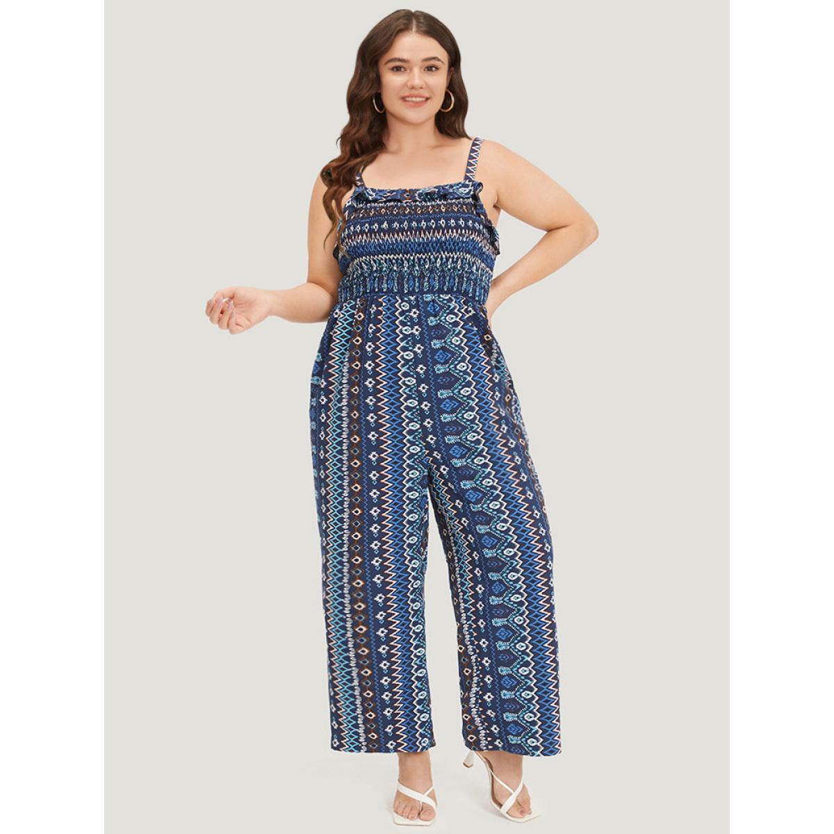 Plus Size DarkBlue Boho Print Shirred Pocket Elastic Wais Ruffle Trim Cami Jumpsuit Women Elegant Sleeveless Spaghetti Strap Dailywear Loose Jumpsuits BloomChic 18-20/2X Product Image