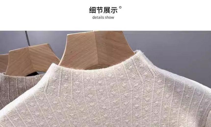 Long Sleeve Mock Neck Plain Beaded Fleece-Lined Knit Top Product Image
