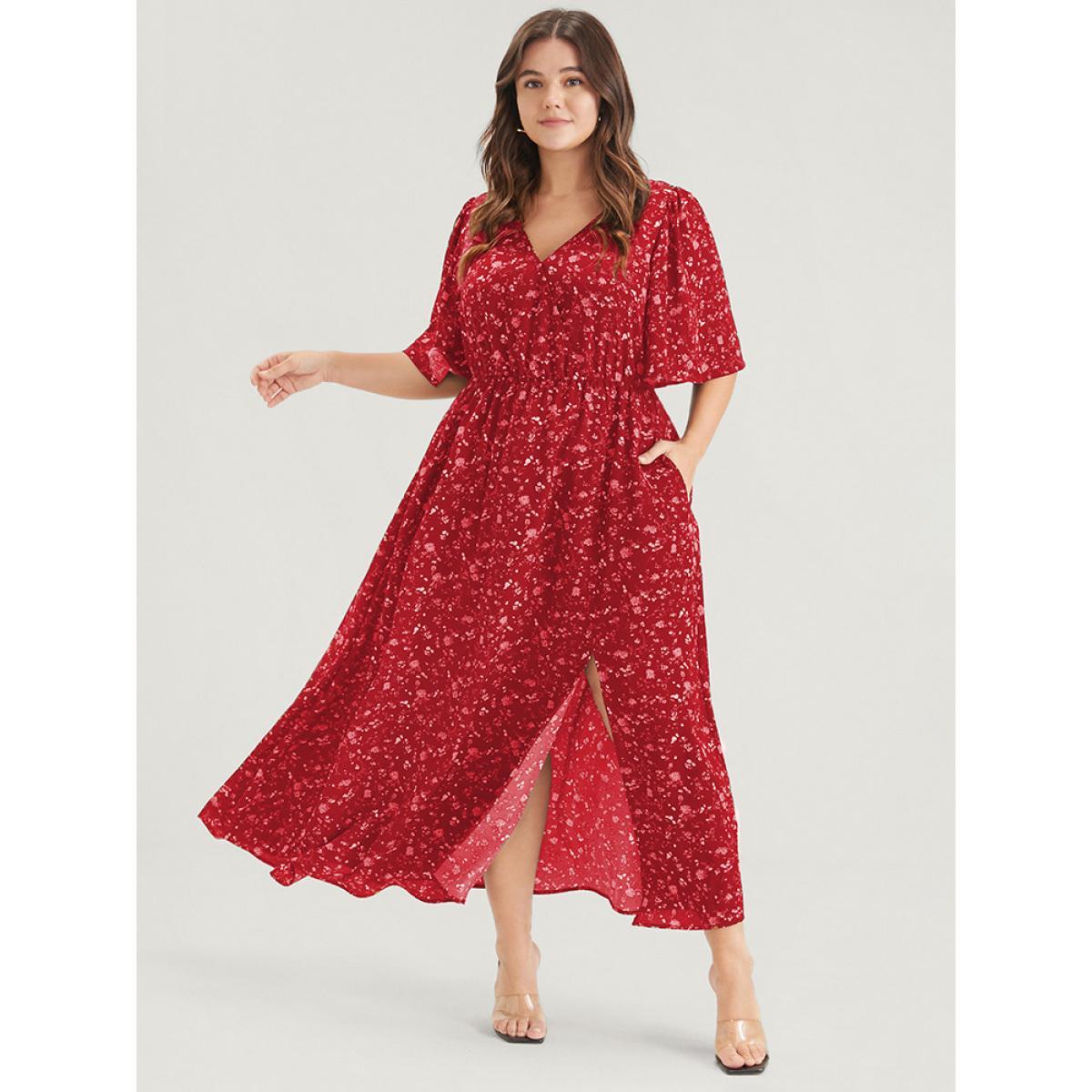 Plus Size Floral Print Split Pocket Wrap Button Ruffled Maxi Dress Red Women Elegant Printed V-neck Half Sleeve Curvy Maxi Dress BloomChic 28/5X Product Image