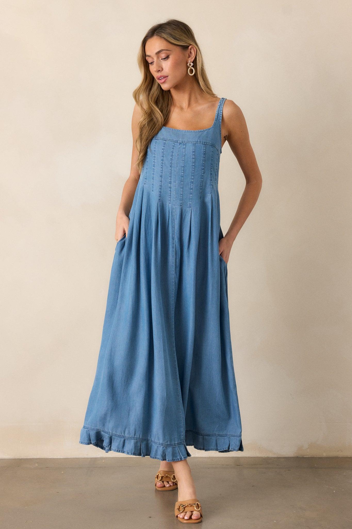 Cascading Echoes Blue Chambray Maxi Dress Product Image