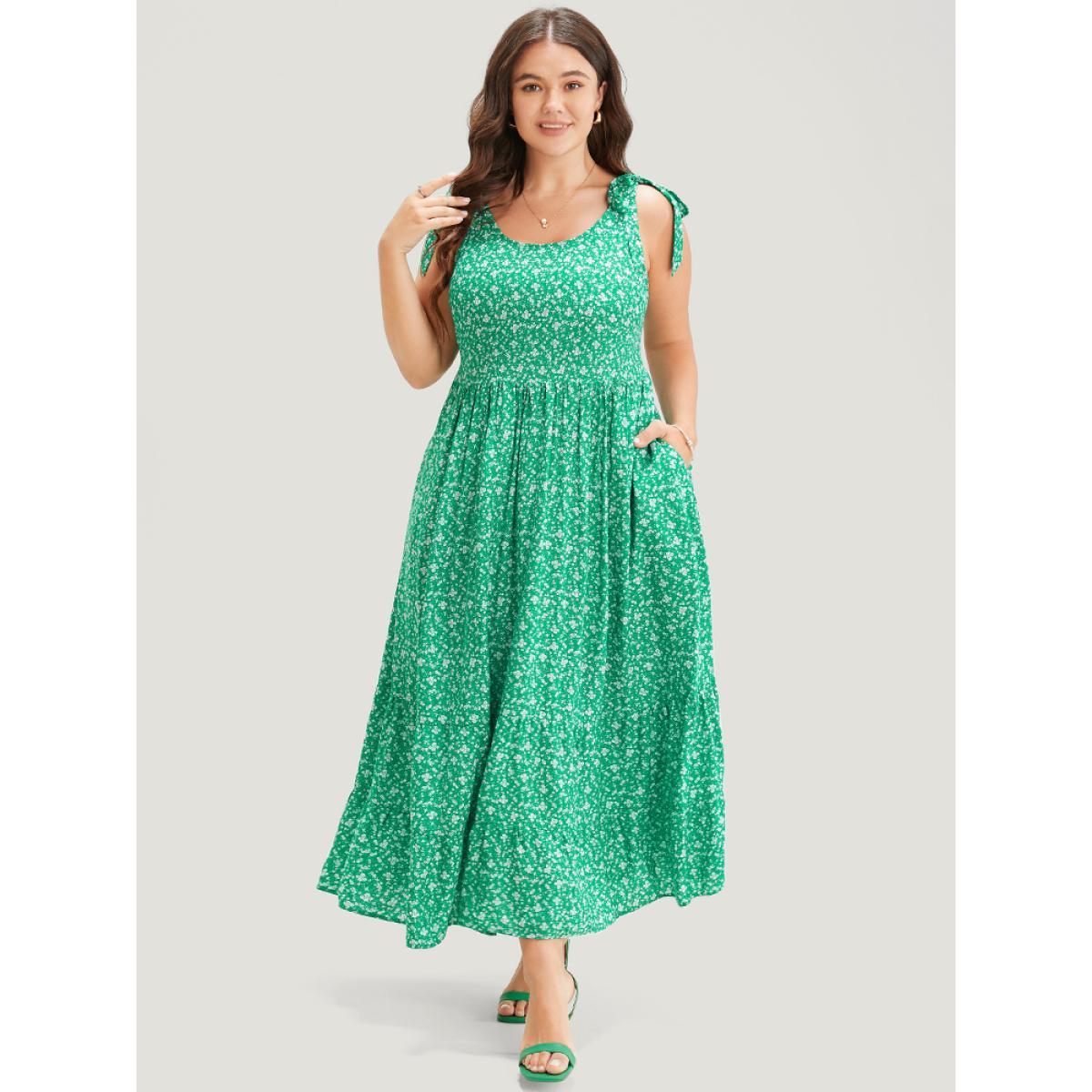 Plus Size Ditsy Floral Tie Shoulder Pocket Ruffle Hem Maxi Dress Emerald Women Elegant Pocket Square Neck Sleeveless Curvy Long Dress BloomChic 22-24/3X Product Image