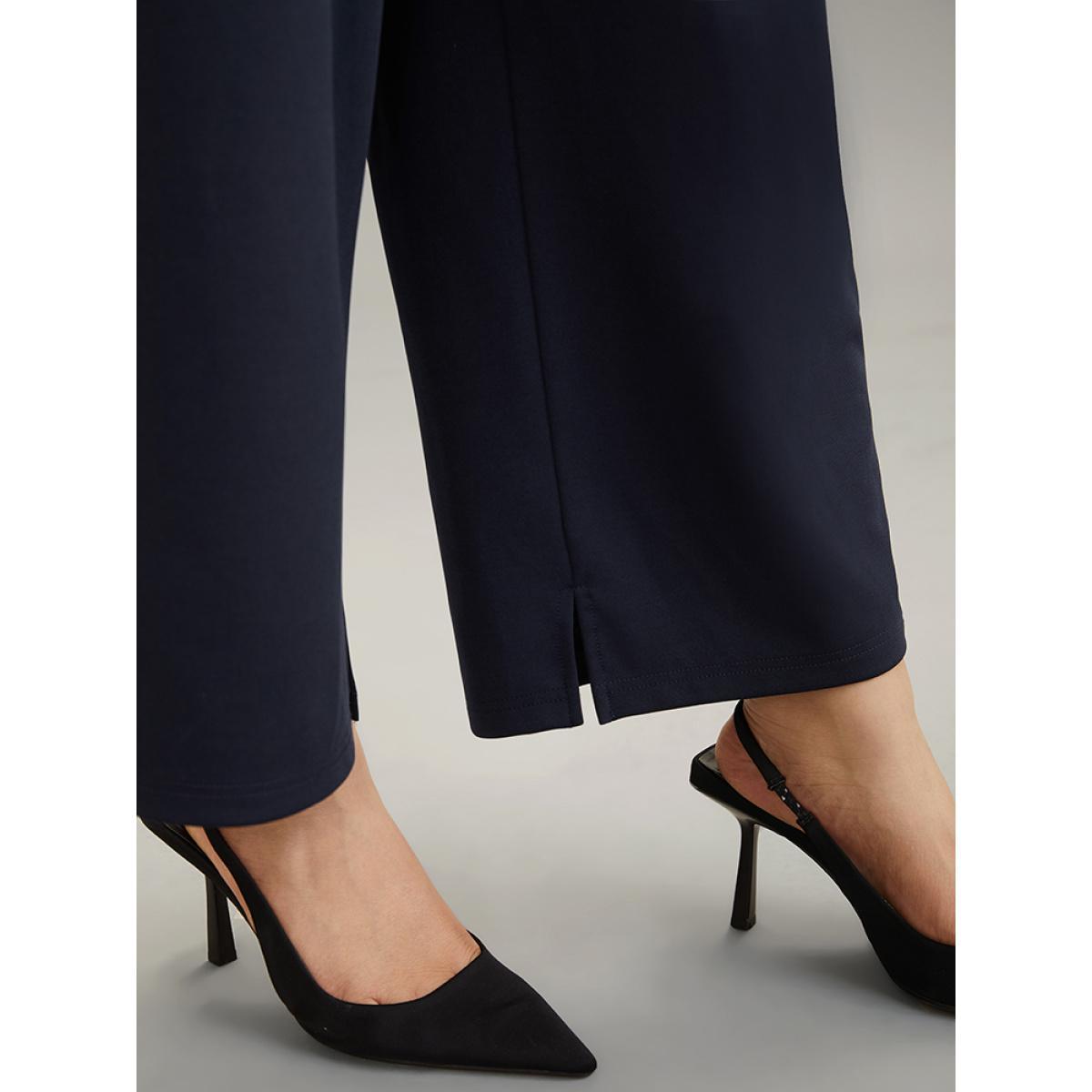 Plus Size Solid Wide Leg Elastic Waist Split Hem Pants Women Indigo Elegant Wide Leg High Rise Dailywear Pants BloomChic 18-20/2X Product Image