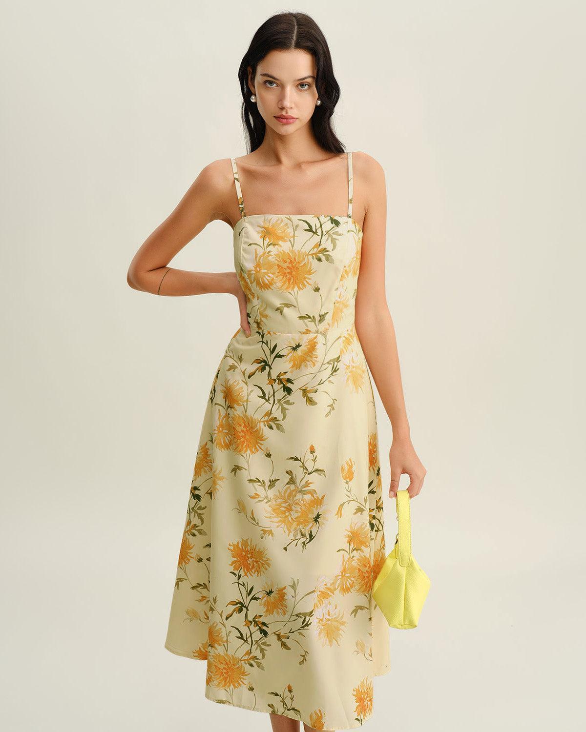 Yellow Floral Shirred Slip Midi Dress Product Image