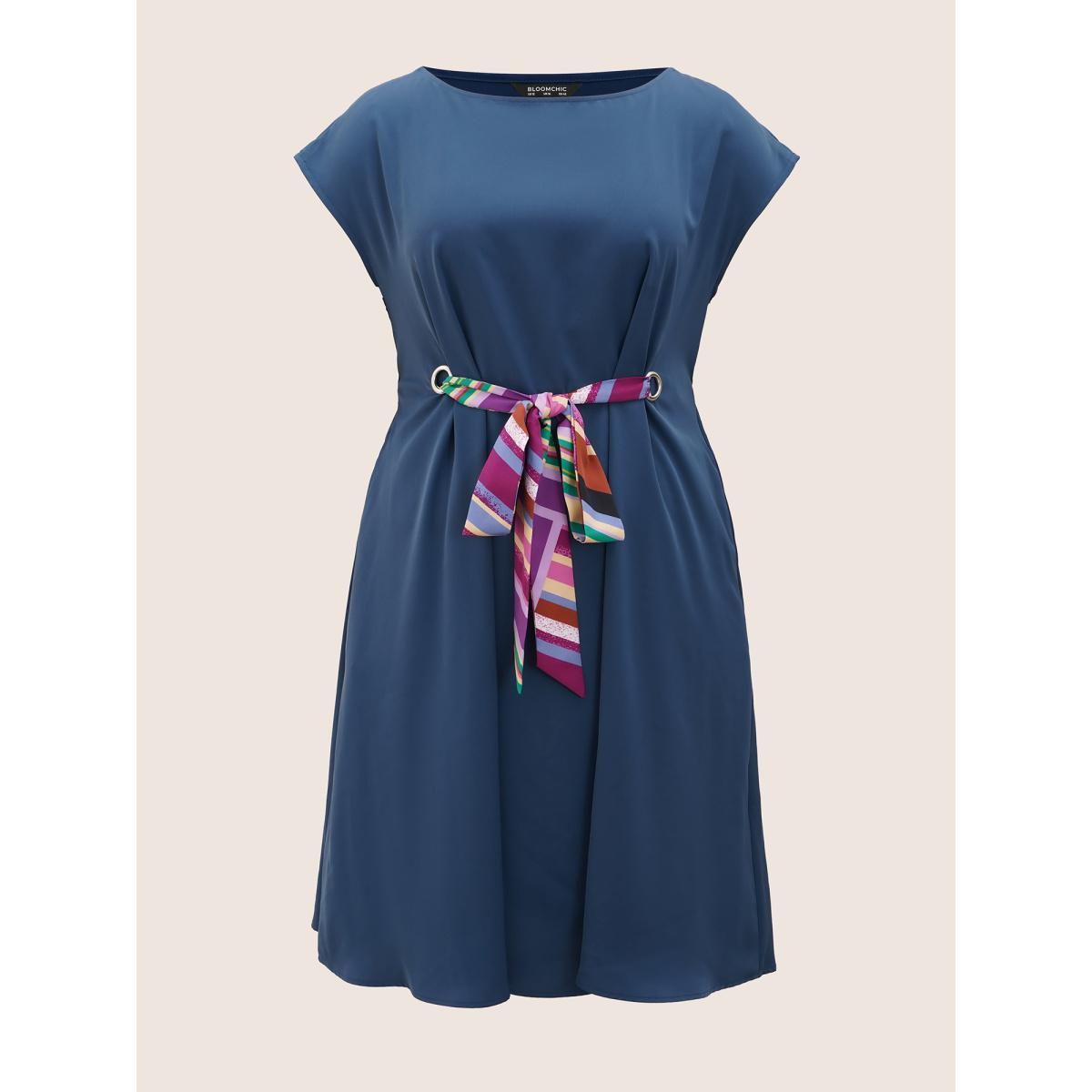 Plus Size Round Neck Striped Tie Knot Cap Sleeve Dress DarkBlue Women At the Office Tie knot Round Neck Cap Sleeve Curvy BloomChic 30/6X Product Image