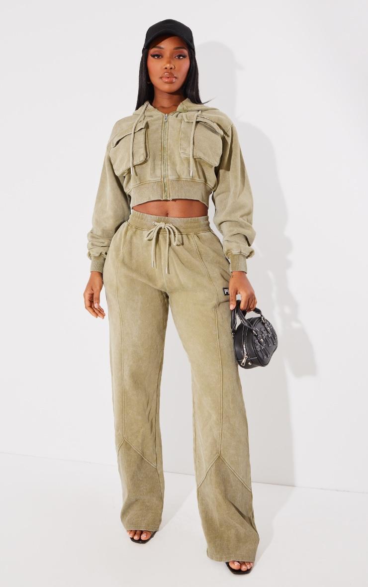 PRETTYLITTLETHING Shape Olive Washed Cargo Cropped Hoodie Product Image