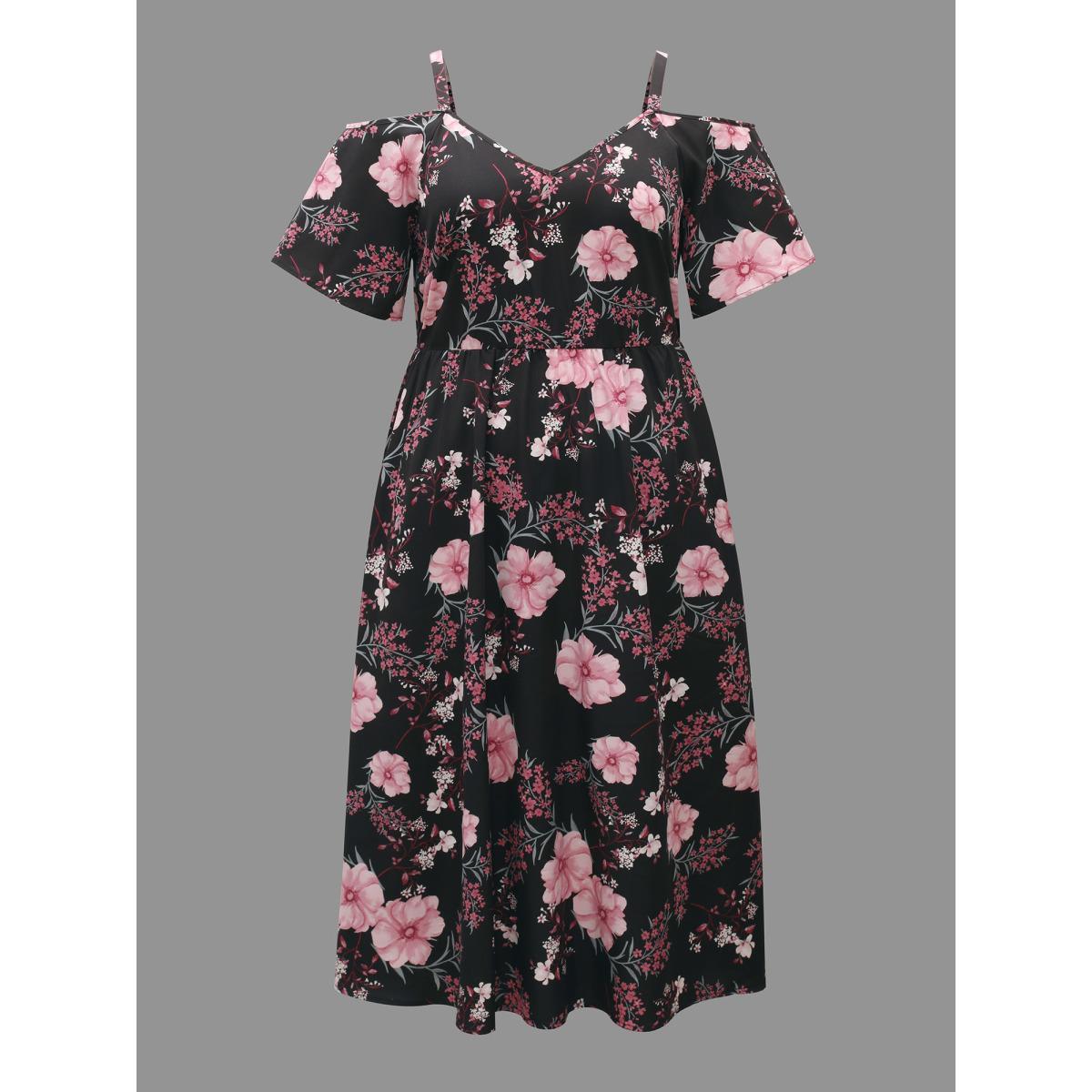 Plus Size Floral Print Cold-Shoulder Pockets Midi Dress Black Women Elegant Non Heart neckline Short sleeve Curvy BloomChic 12/L Product Image
