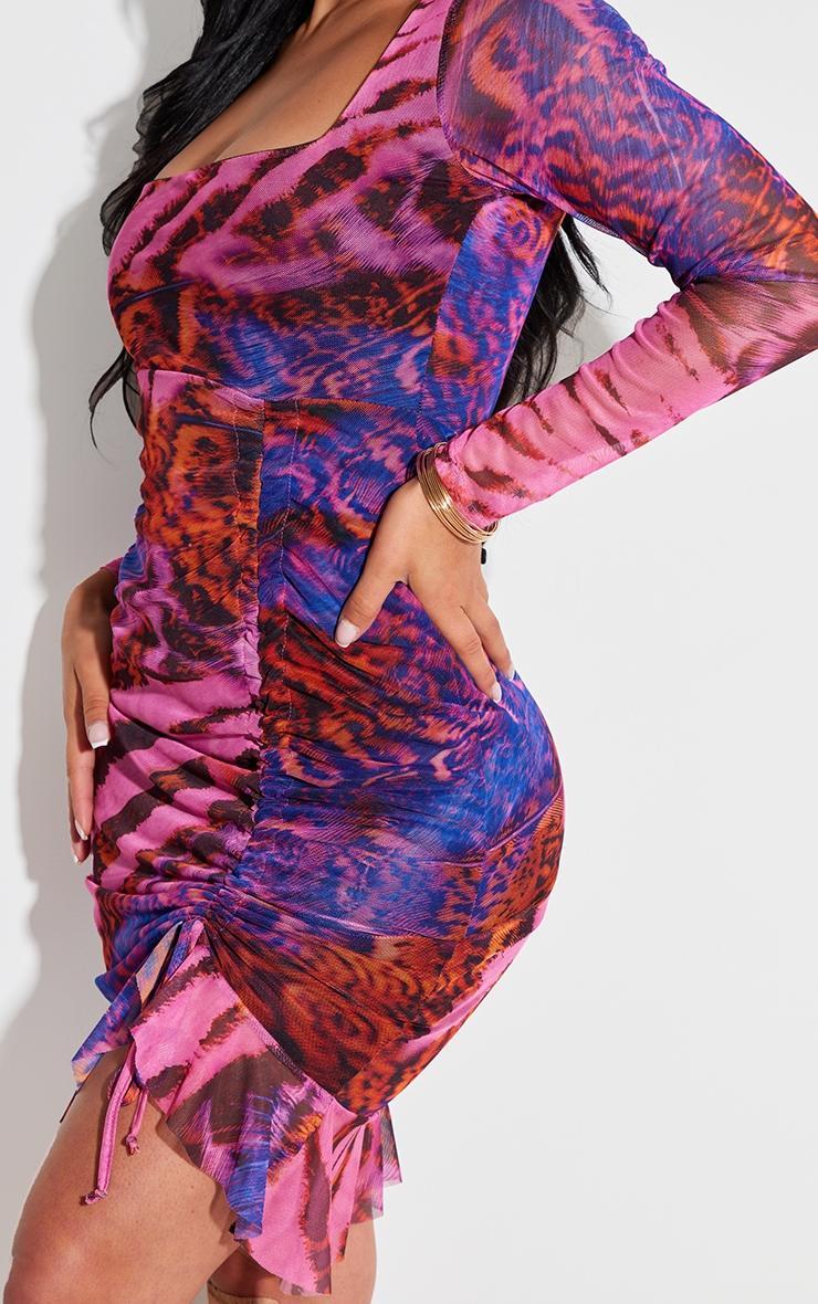 Shape Purple Zebra Printed Mesh Ruched Side Frill Hem Bodycon Dress Product Image