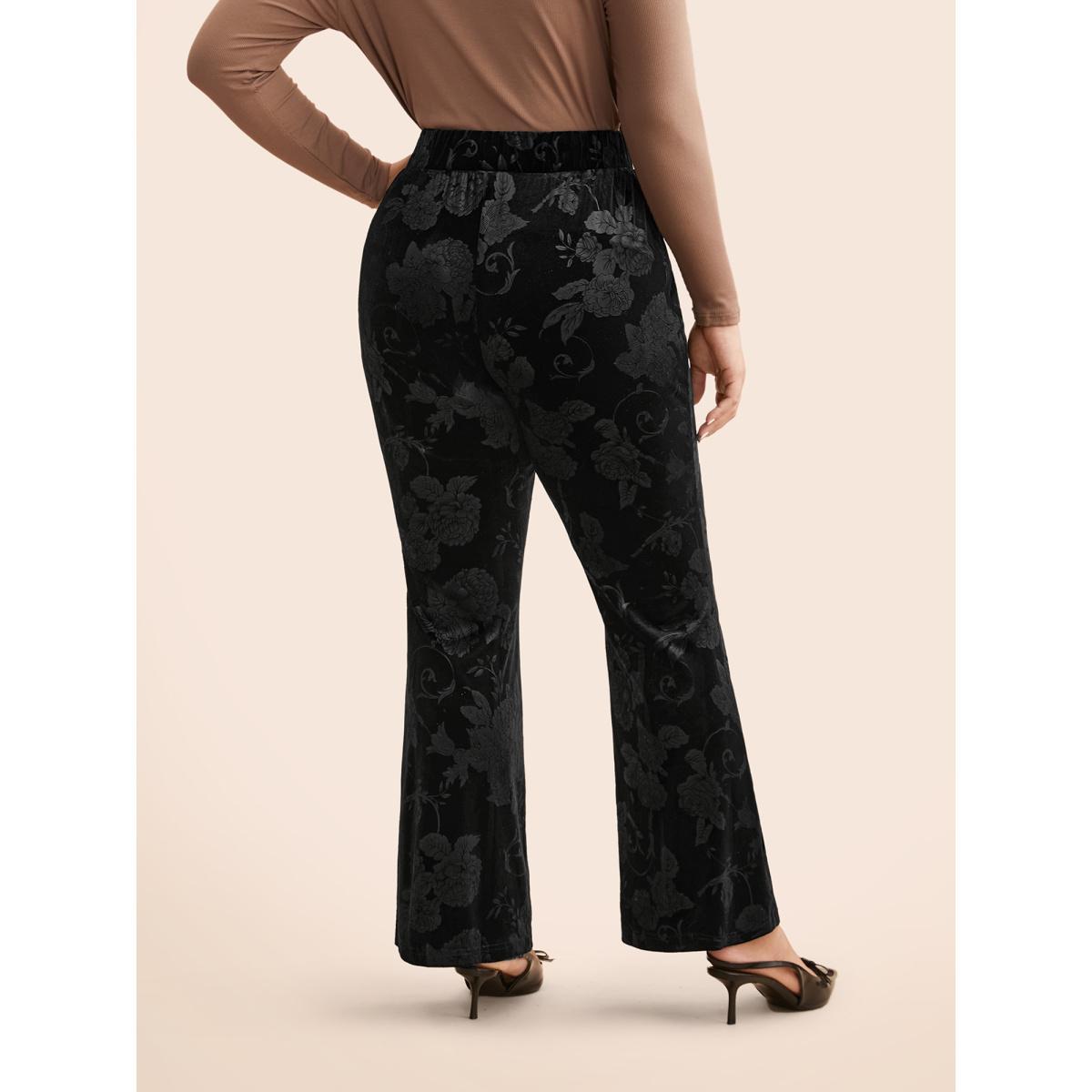 Plus Size Velvet Floral Mid Rise Bootcut Leggings Women Black Elegant Medium stretch Bootcut Mid Rise Everyday Leggings BloomChic 26/4X Product Image