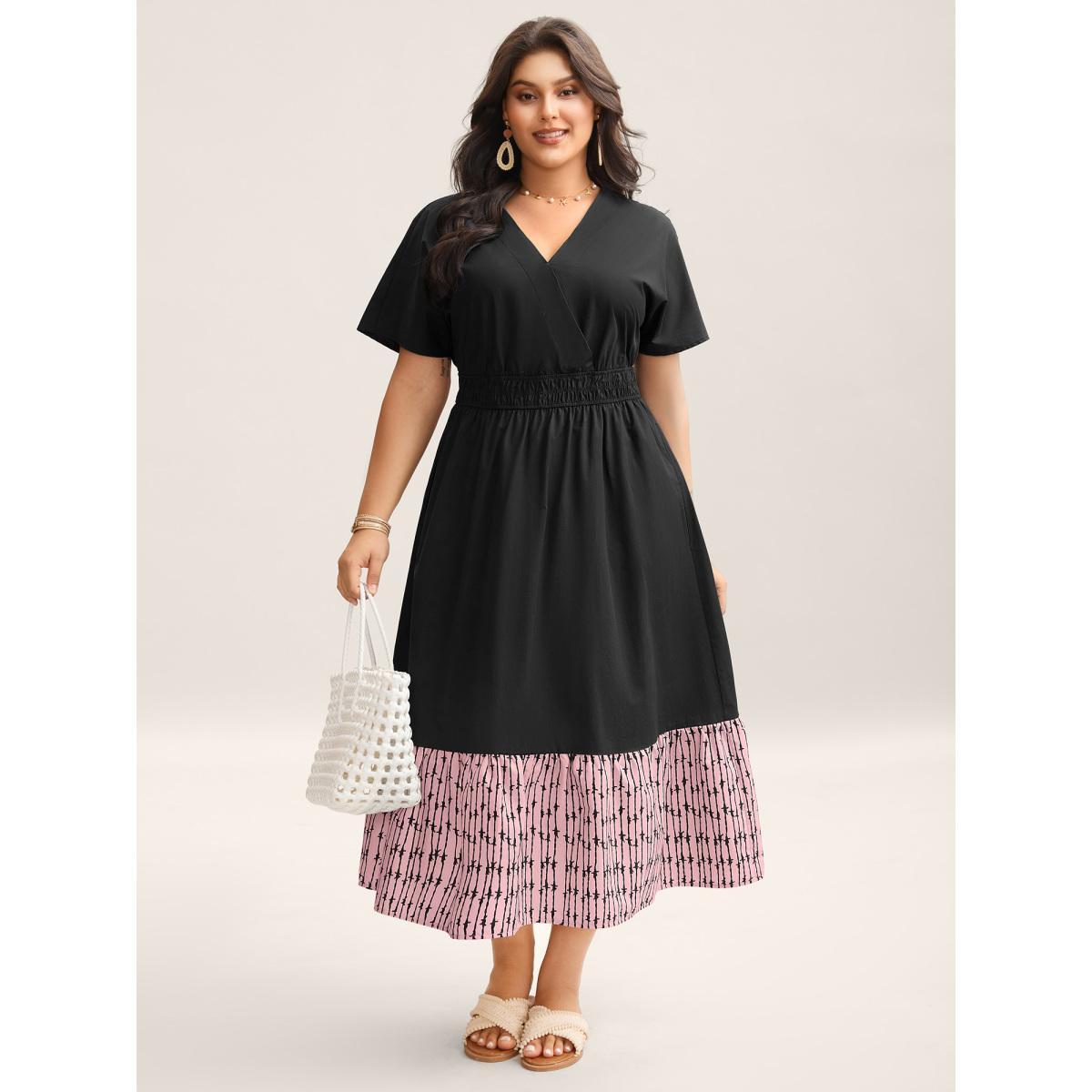 Plus Size Cotton Color Block Cinched-Waist Spliced Maxi Dress Skyblue Women V-neck Sleeveless Curvy BloomChic 30/6X Product Image