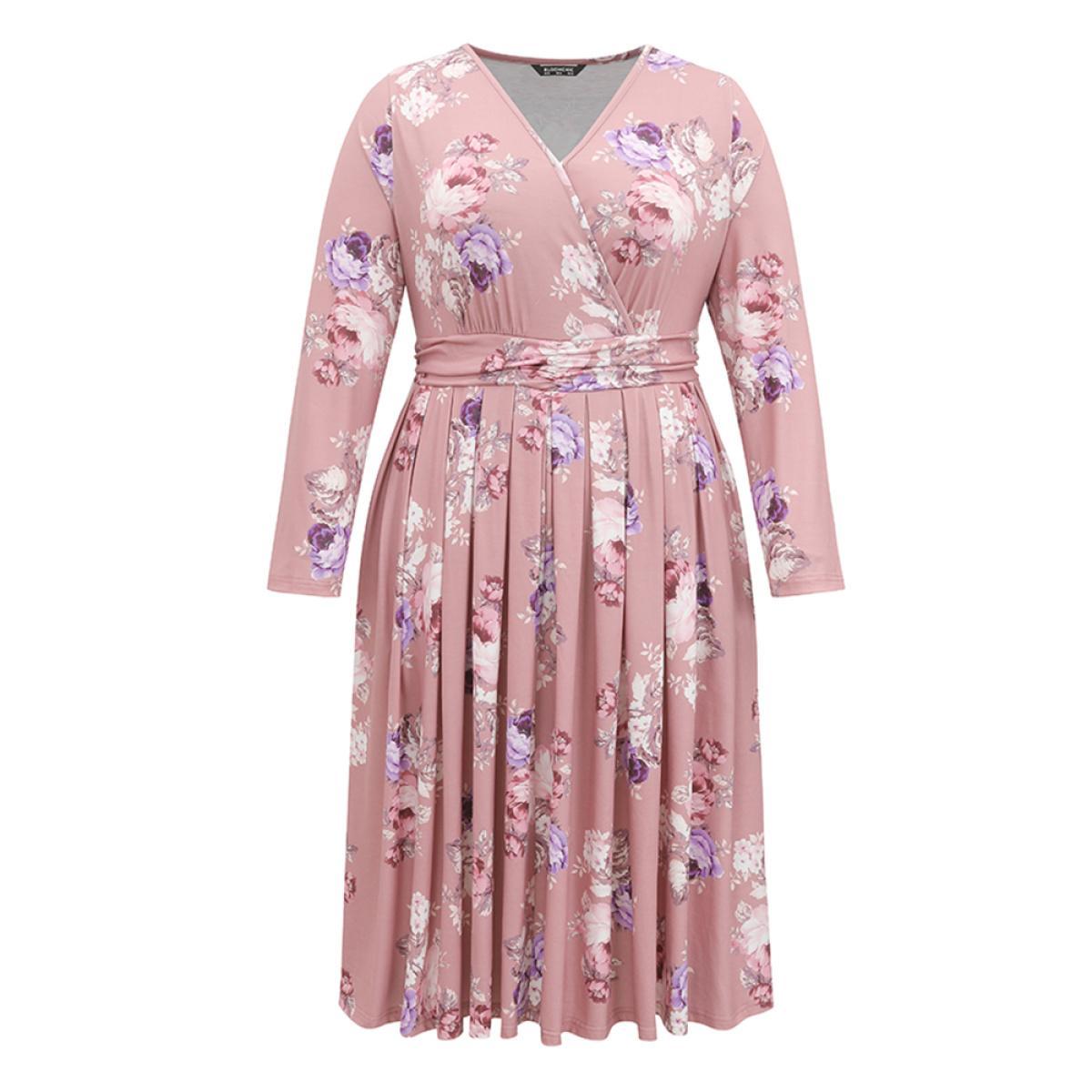 Plus Size Floral Wrap Pleated Elastic Waist Ruched Dress DustyPink Women Casual Wrap Overlap Collar Long Sleeve Curvy Midi Dress BloomChic 12/L Product Image