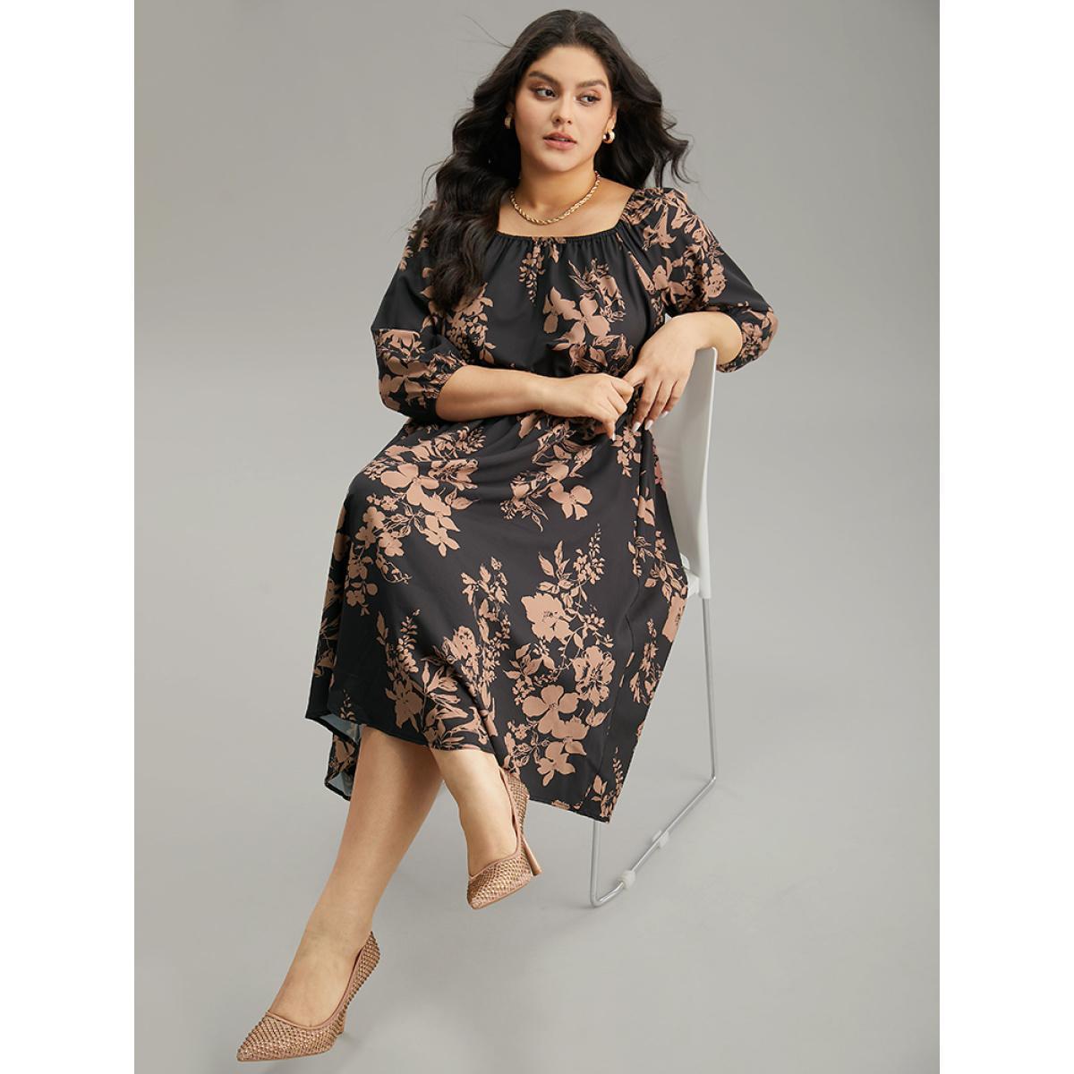 Plus Size Silhouette Floral Print Elastic Cuffs Dress Black Women Elegant Elastic cuffs Square Neck Elbow-length sleeve Curvy Midi Dress BloomChic 12/L Product Image
