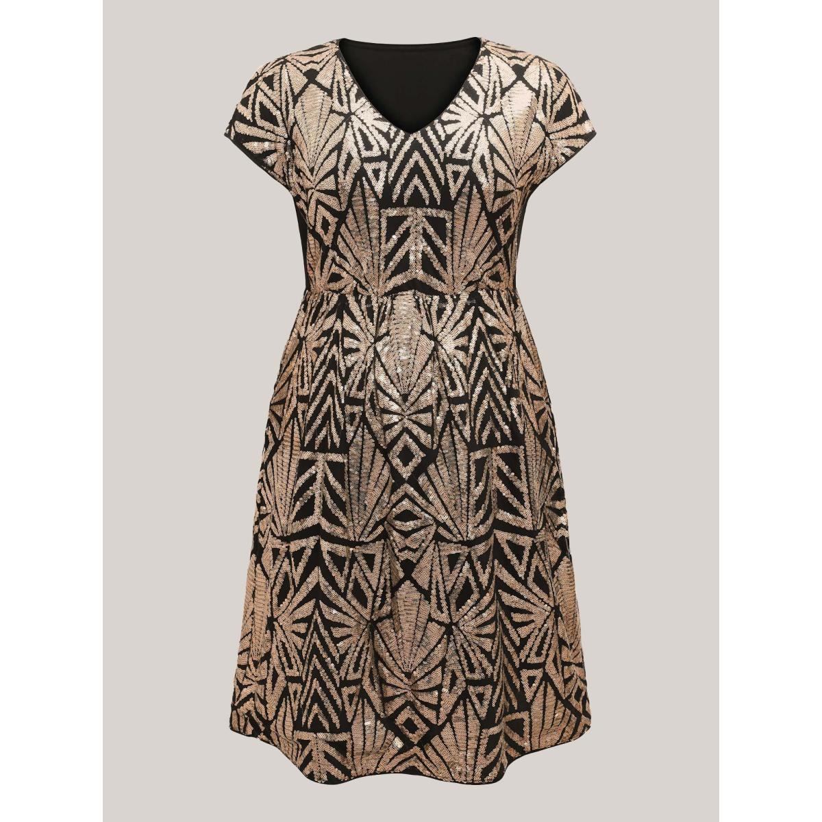 Plus Size Geometric Sequin Dolman Sleeve Midi Dress Black Women Cocktail Non V-neck Cap Sleeve Curvy BloomChic 30/6X Product Image