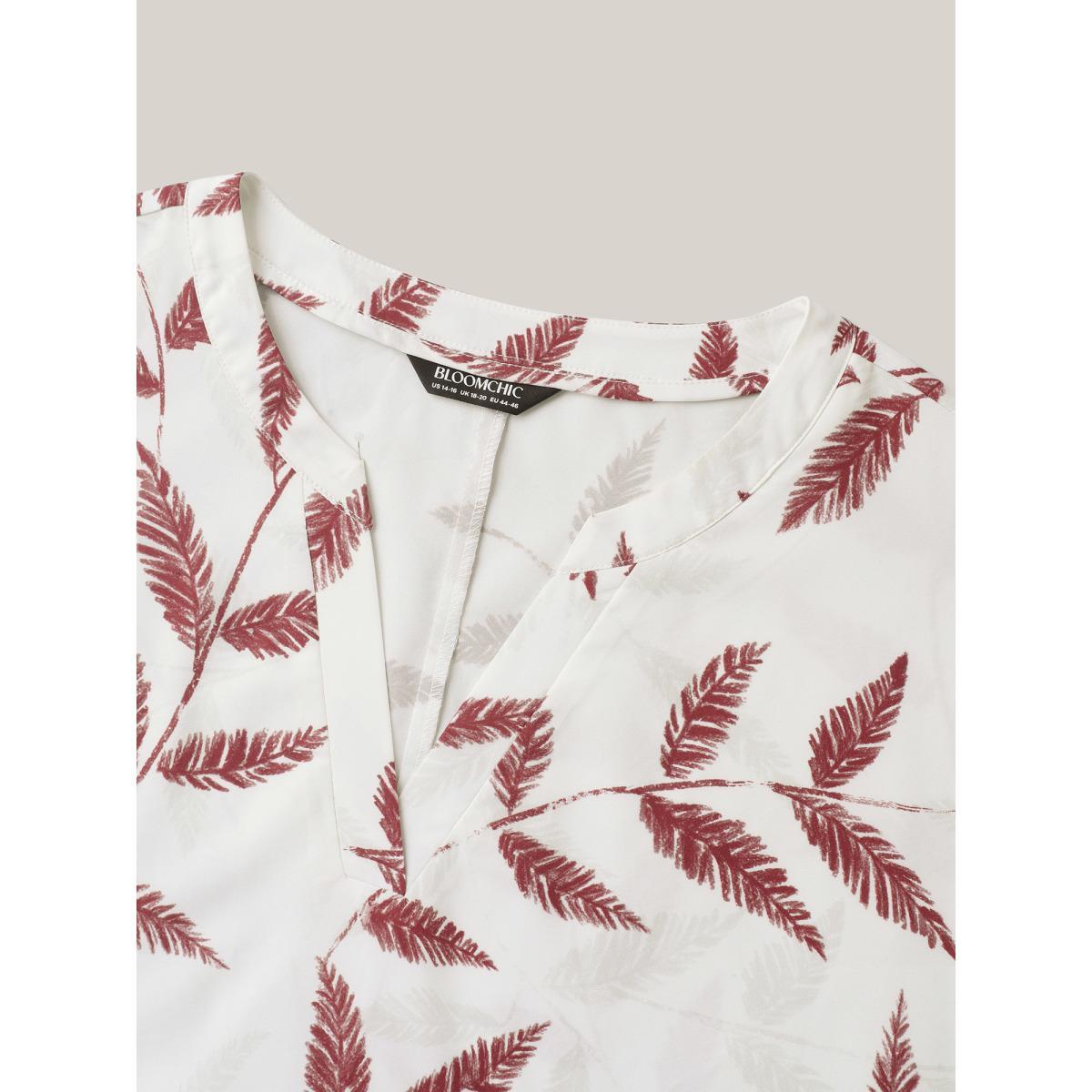 Plus Size WhiteSmoke Leaf Print Notched Collar Blouse Women Casual Short sleeve Flat collar with V-notch Everyday Blouses BloomChic 12/L Product Image