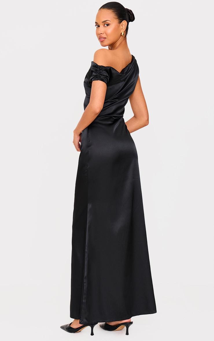 Black Satin Asymmetric Sleeveless Maxi Dress Product Image