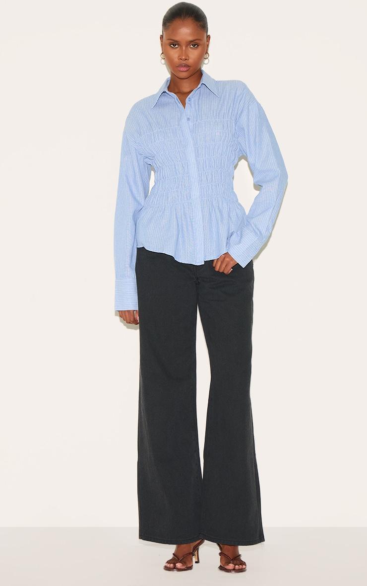 Blue Shirred Striped Fitted Shirt Product Image