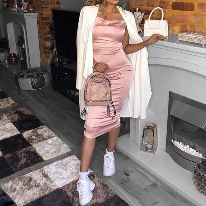 Spaghetti Strap Satin Midi Bodycon Dress Product Image