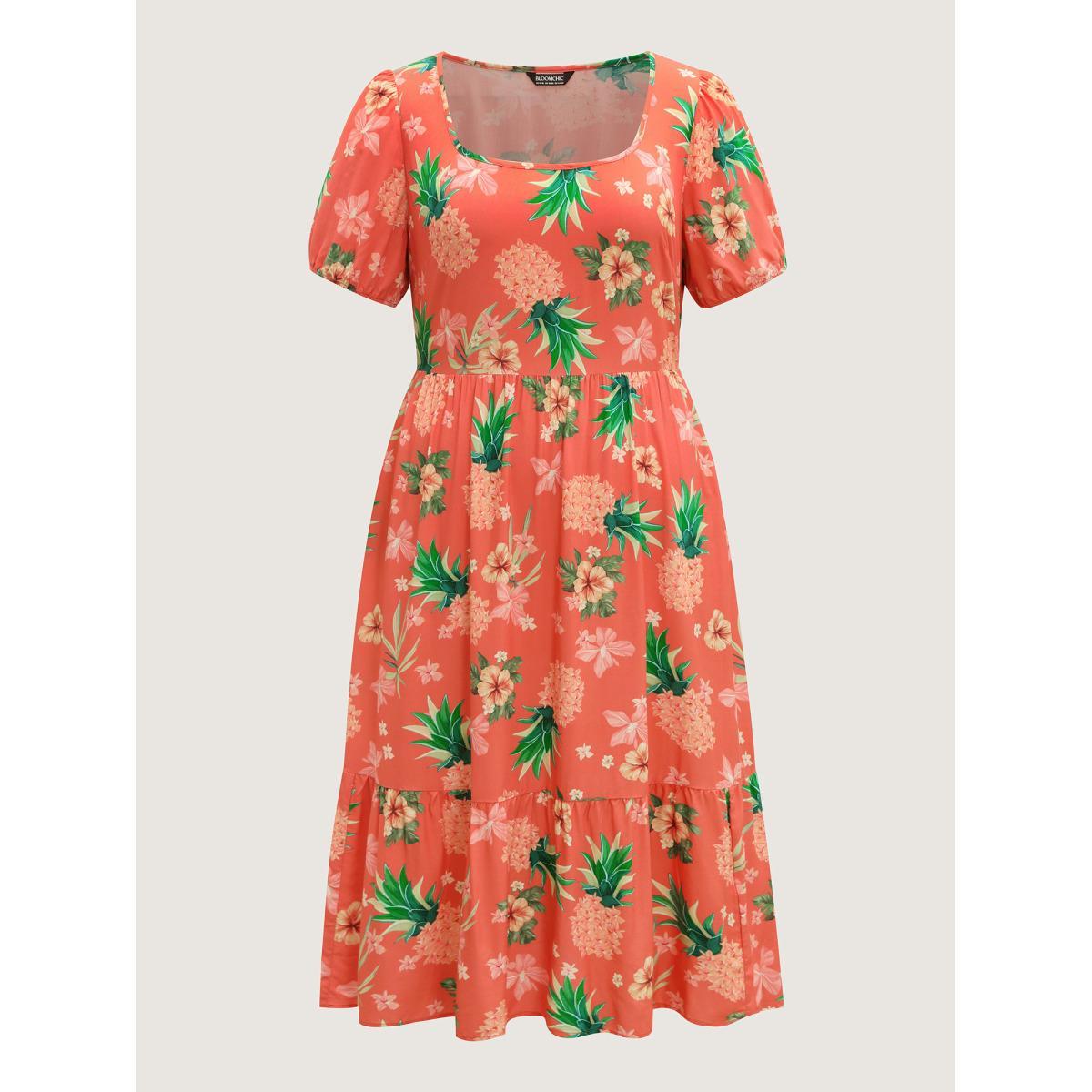 Plus Size Fruity Floral Print Square Neck Midi Dress Salmon Women Square Neck Short sleeve Curvy BloomChic 14-16/1X Product Image