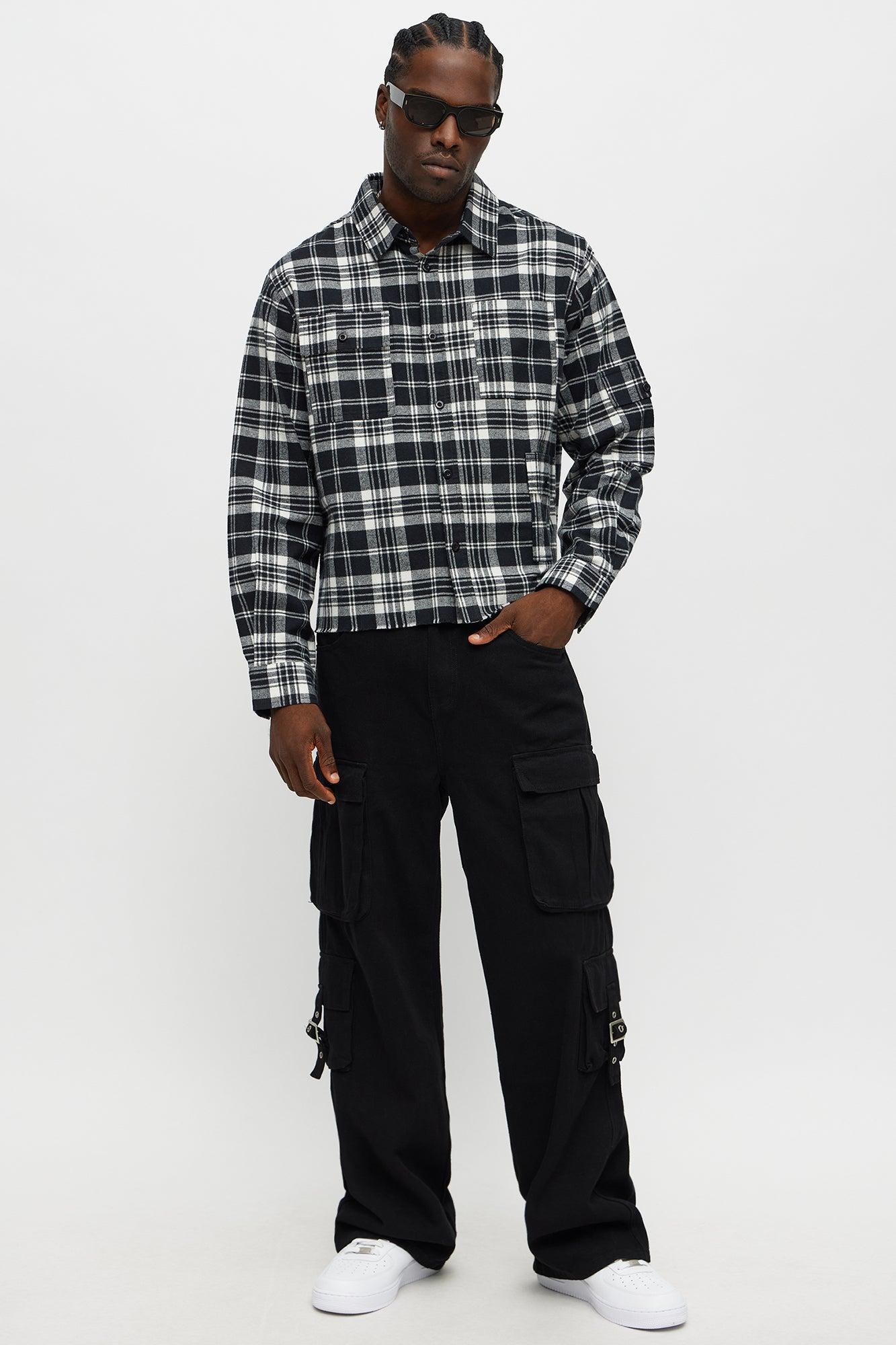 Cropped Cargo Pocket Flannel Button Up - Black Product Image