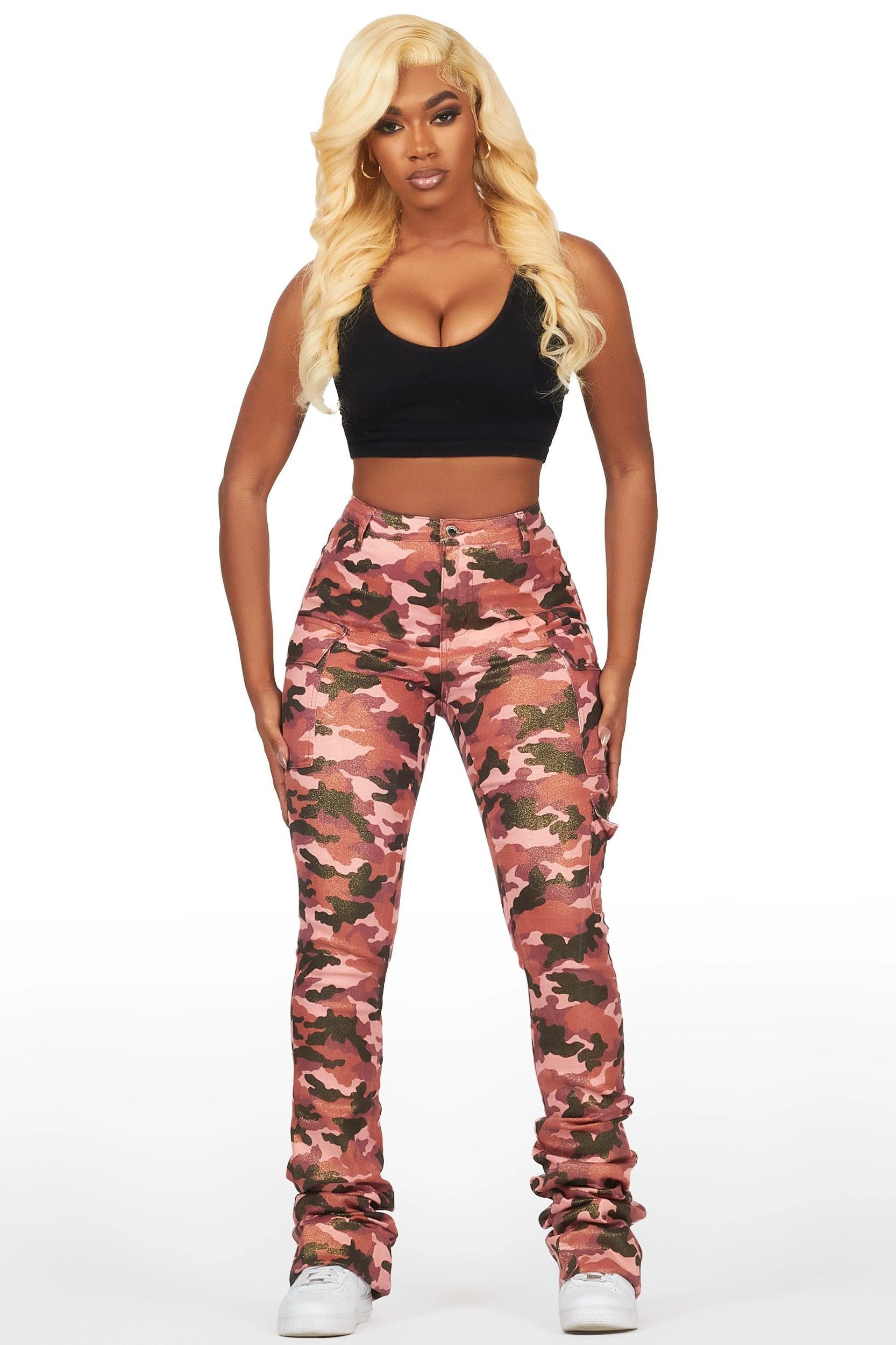 Alaysha Burgundy Camo Cargo Super Stacked PU Pant Female Product Image