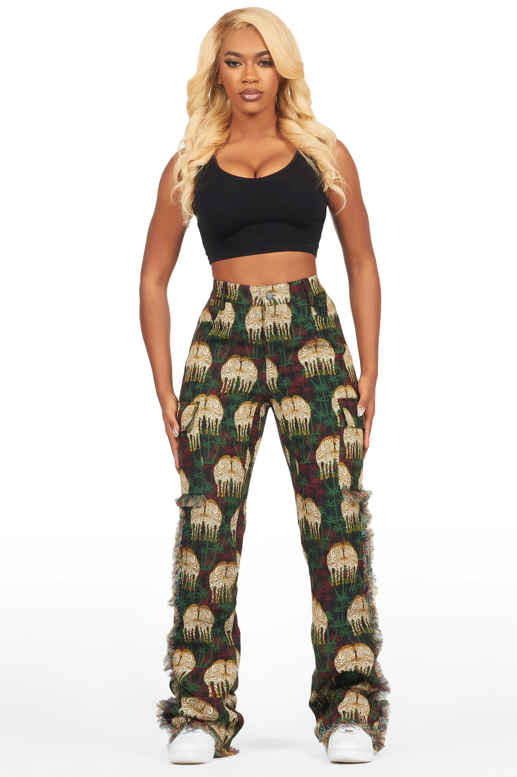 Zeontee Black Animal Print Cargo Tapestry Stacked Pant Female Product Image