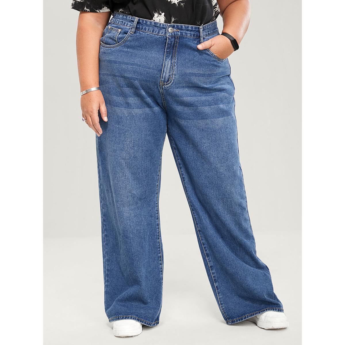 Plus Size Straight Moderately Stretchy High Rise Dark Wash Sculpt Waist Jeans Women DarkBlue Casual Plain Medium stretch Pocket Jeans BloomChic 16/1X Product Image