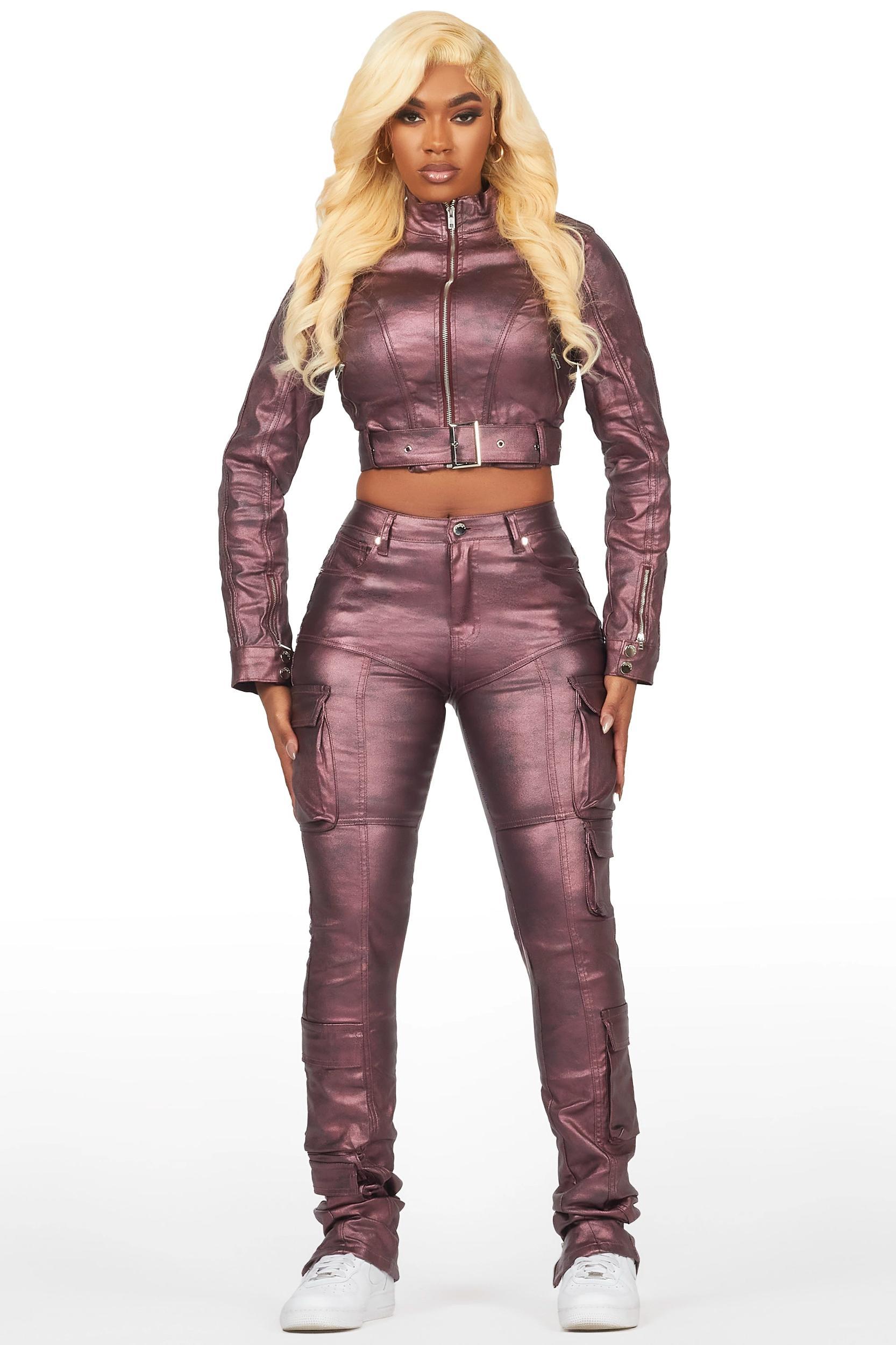 Teeoina Pink Coated Black Skinny Stacked PU Pant Female Product Image