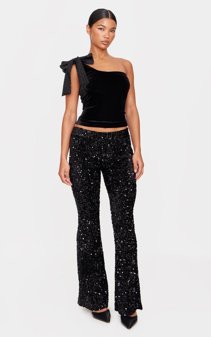 Black Asymmetric Velvet Sequin Bow Detail Long Top Product Image