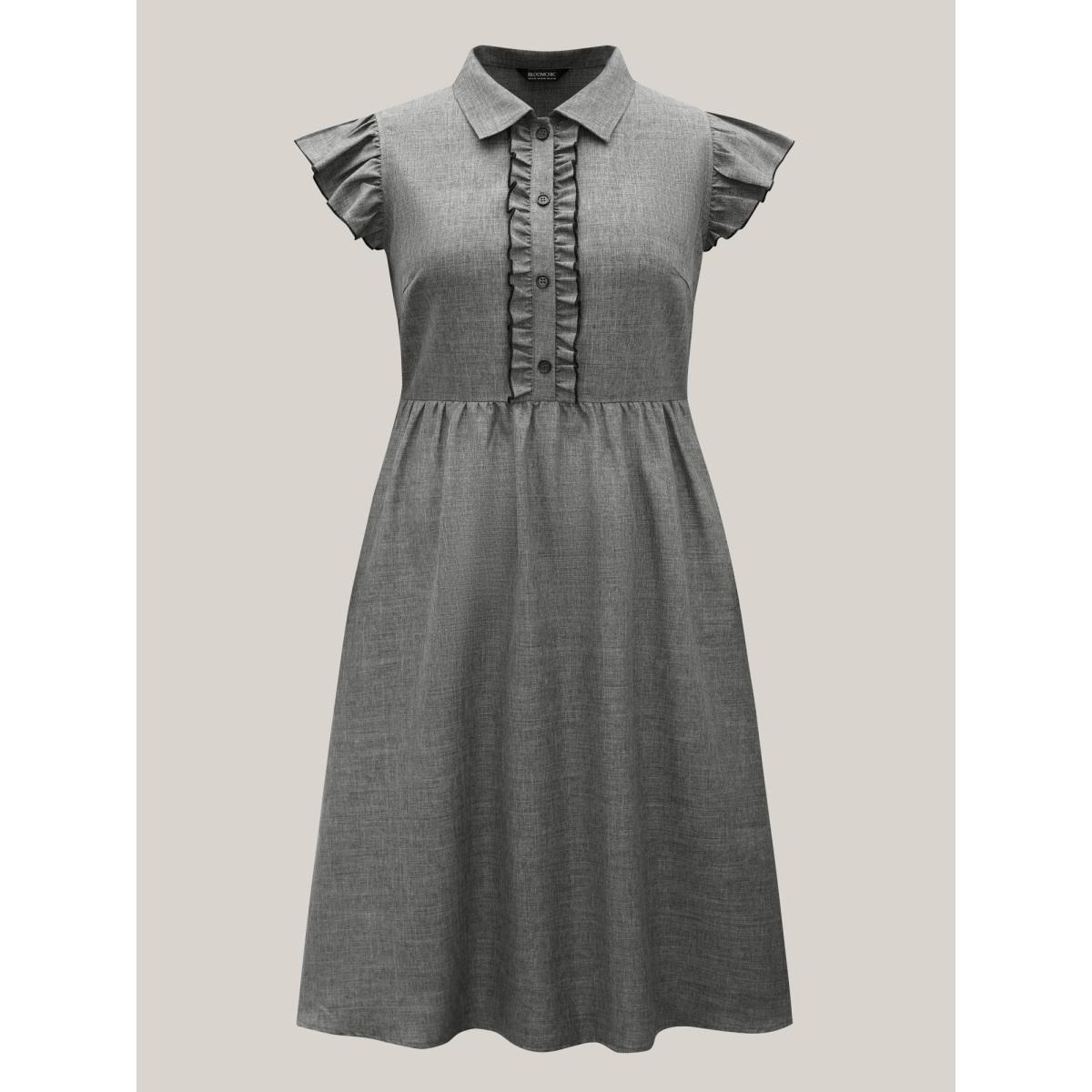 Plus Size Ruffled Trim Shirt Collar Flared Midi Dress DarkGray Women At the Office Frill Trim Shirt collar Cap Sleeve Curvy BloomChic 28/5X Product Image