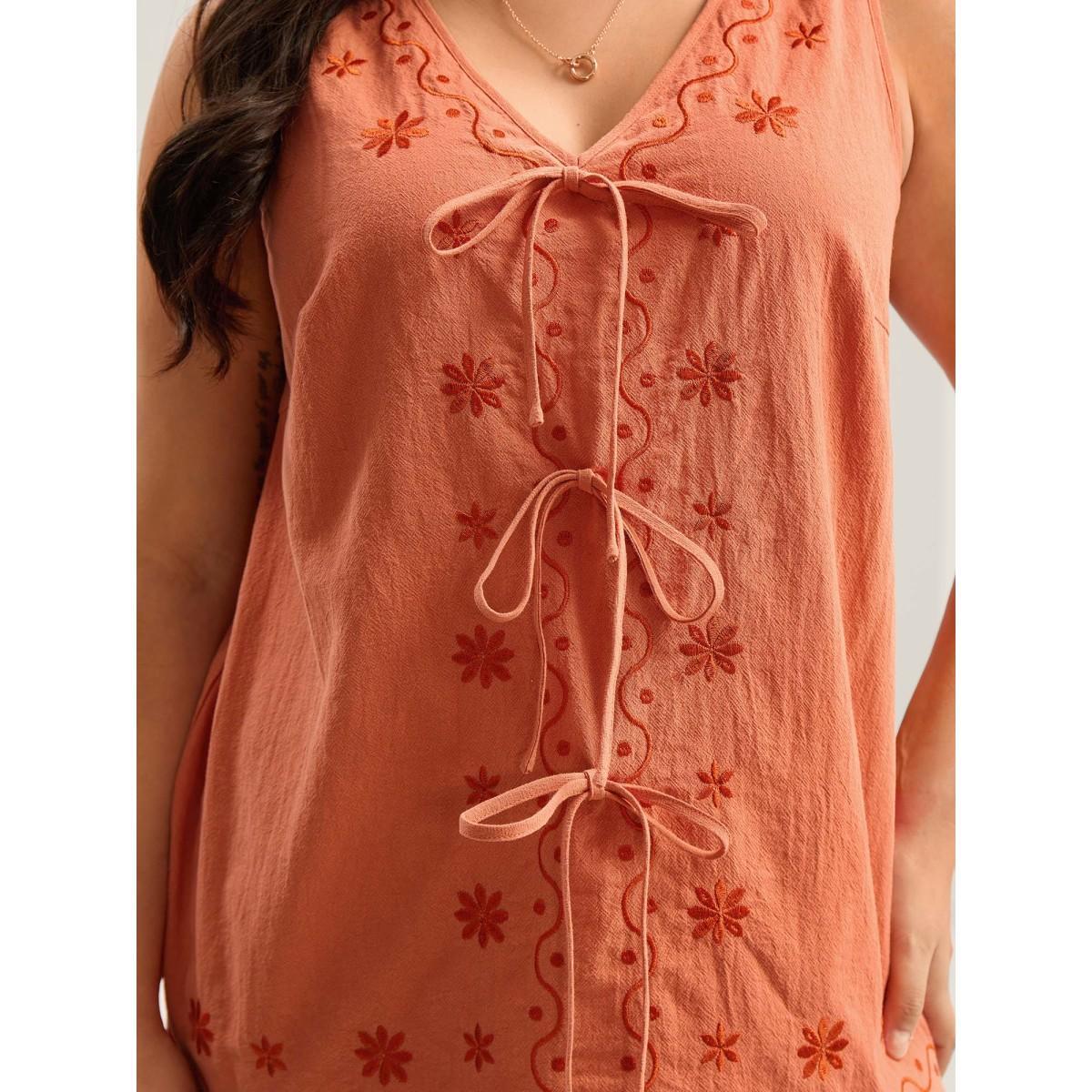 Plus Size Ribbon Tie Embroidered Cotton Tank Top Women Brightorange Tie knot V-neck Vacation Tank Tops Camis BloomChic 10/M Product Image