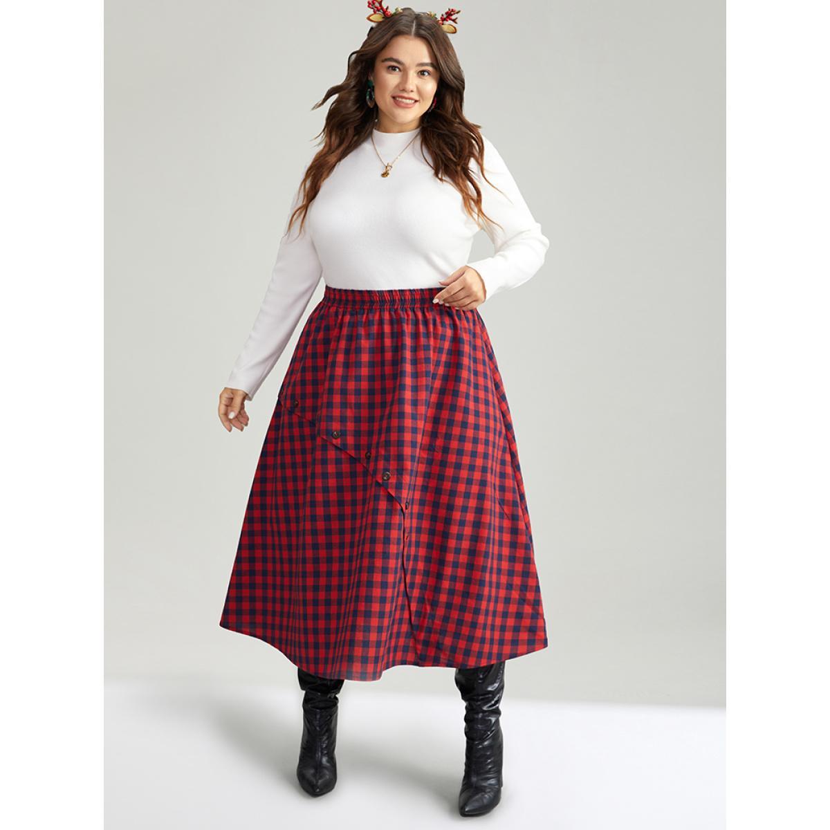 Plus Size Gingham Pocket Elastic Waist Button Detail Skirt Women Scarlet Elegant Elastic Waist Loose No stretch Pocket Festival-Christmas Skirts BloomChic 30/6X Product Image