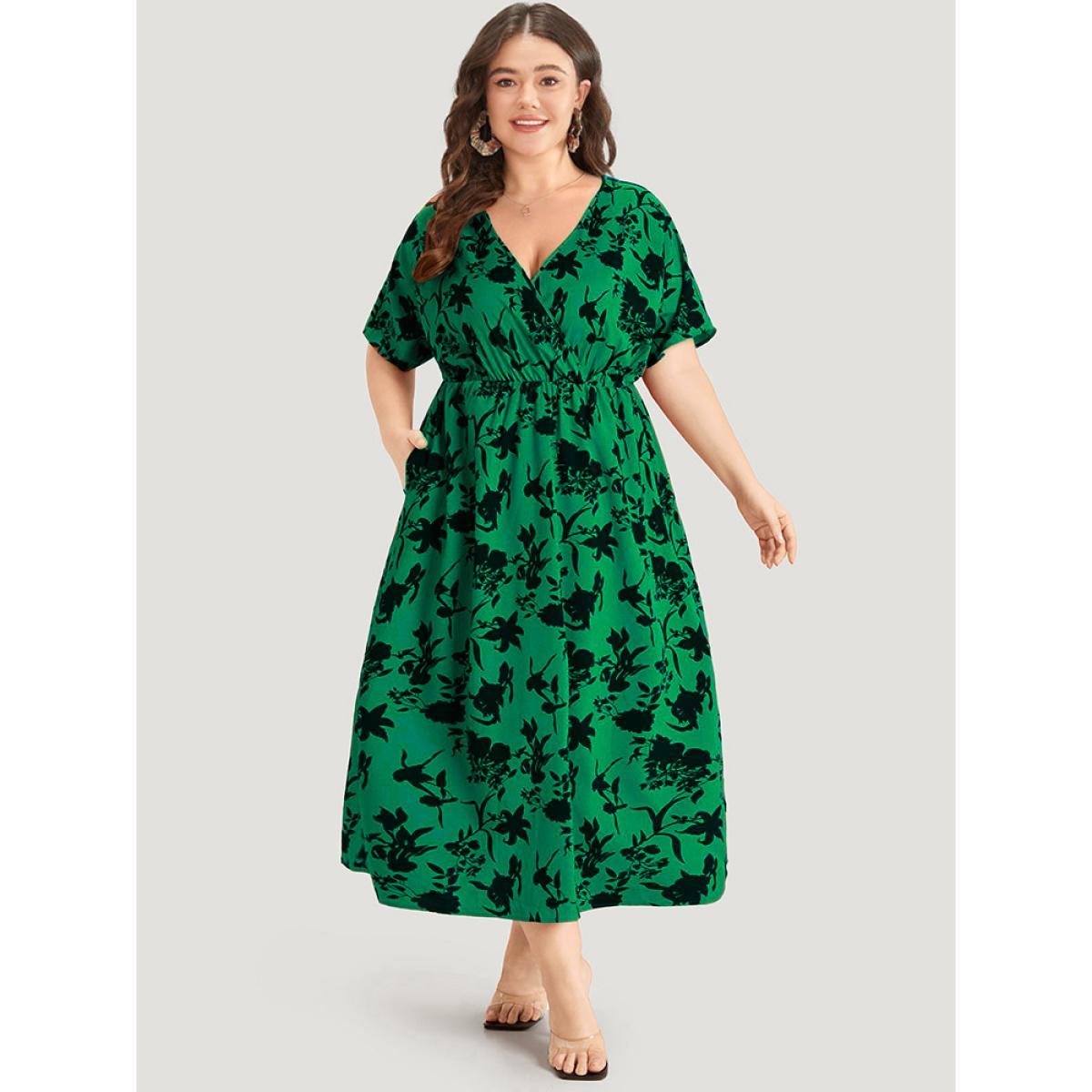 Plus Size Silhouette Floral Print Surplice Neck Elastic Waist Dress Green Women Elegant Wrap V-neck Short sleeve Curvy Midi Dress BloomChic 18-20/2X Product Image