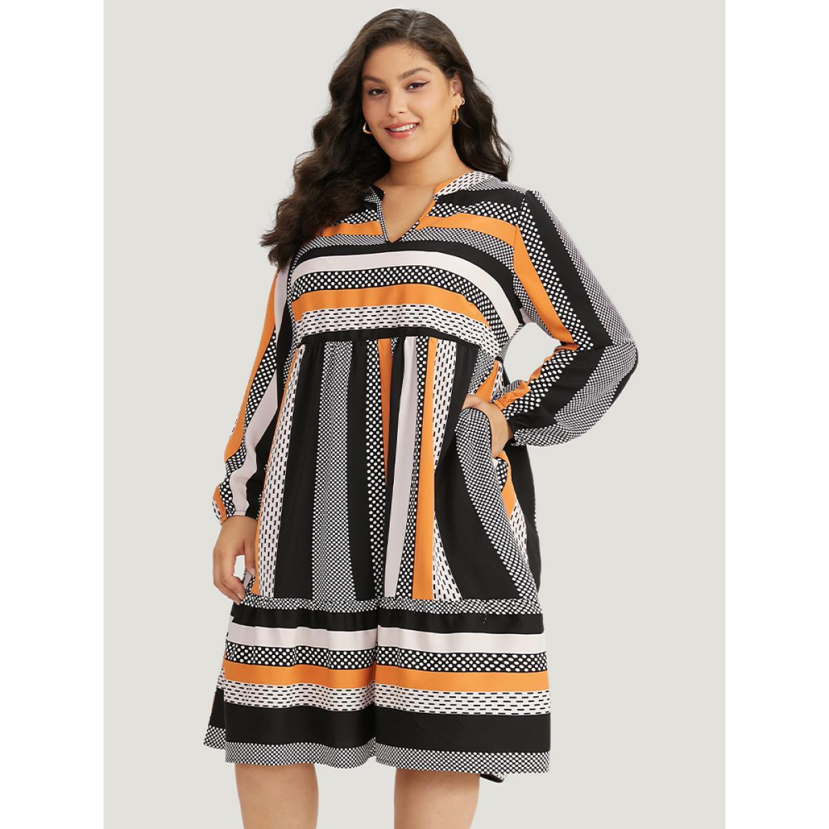 Plus Size Polka Dot & Striped Print Notched Pocket Dress Orange Women Office Elastic cuffs Notched collar Long Sleeve Curvy Midi Dress BloomChic 22-24/3X Product Image